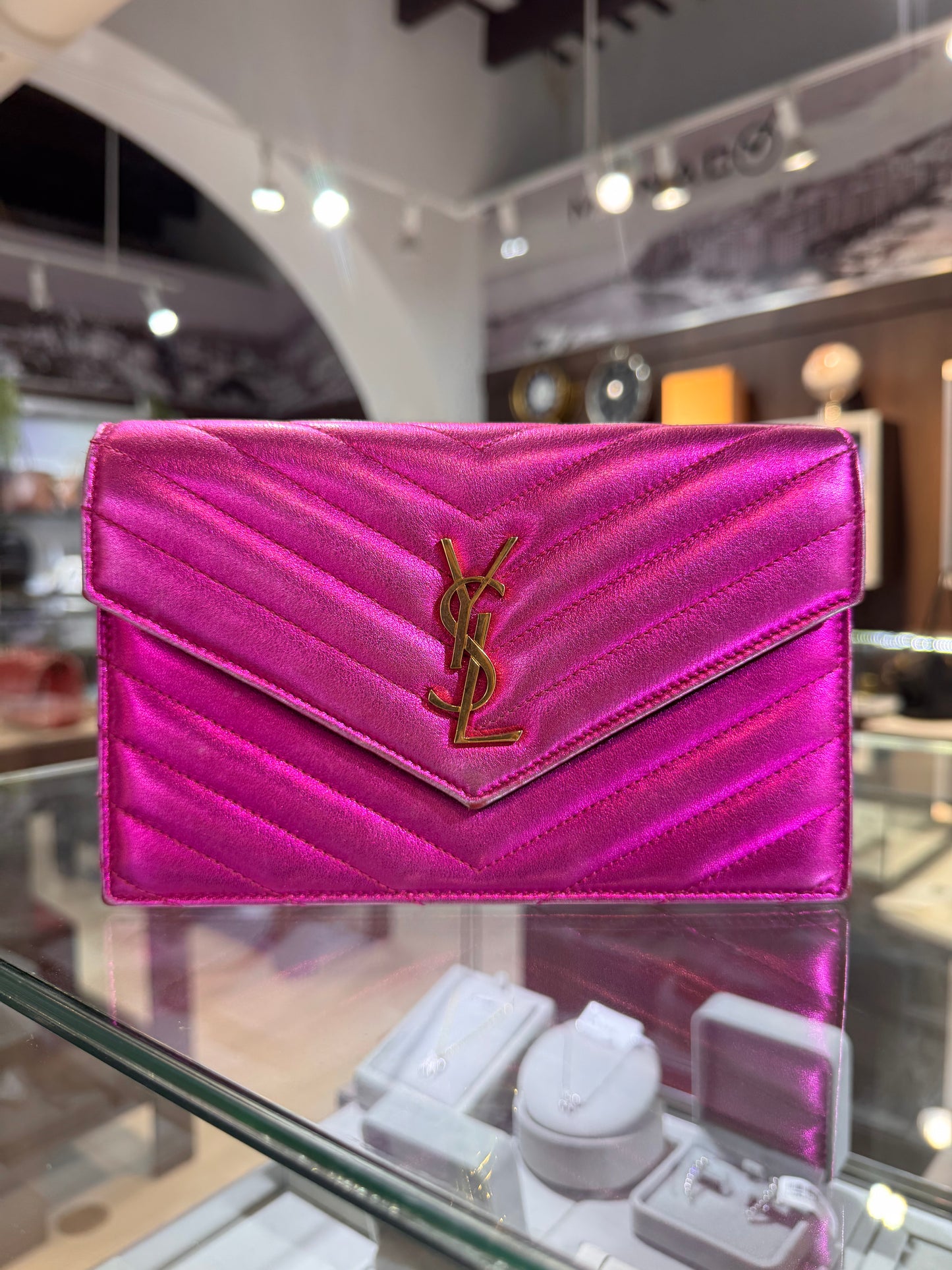 Saint Laurent Wallet On Chain Metallic Pink