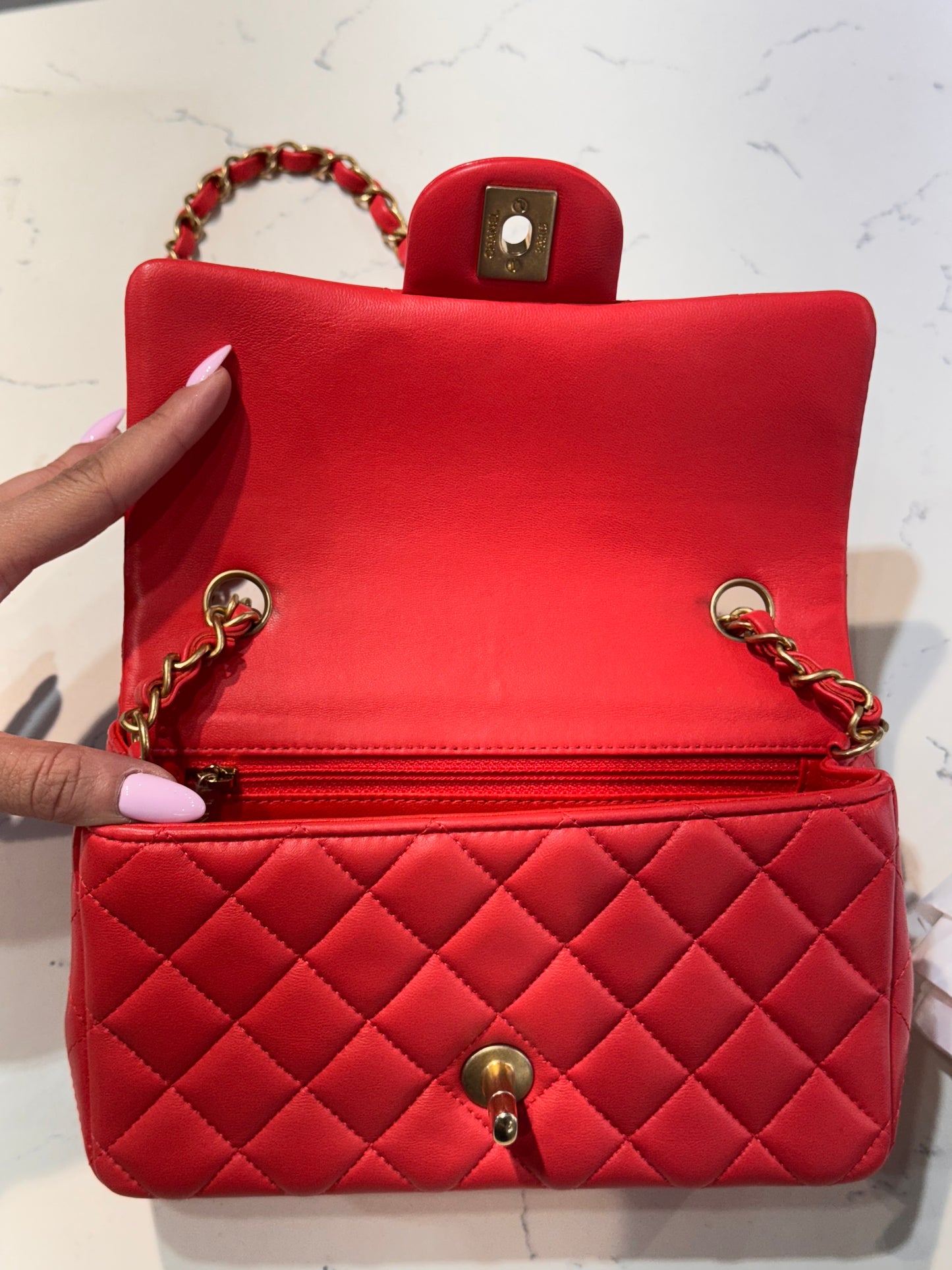 Chanel Mini Rectangular Lambskin Antique Gold Hardware Coral Red