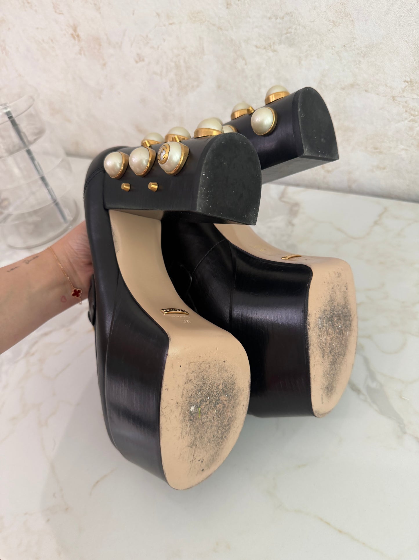 Pre-Owned GG Black Leather Horsebit Pearl Embellished Platform Loafers Size 38