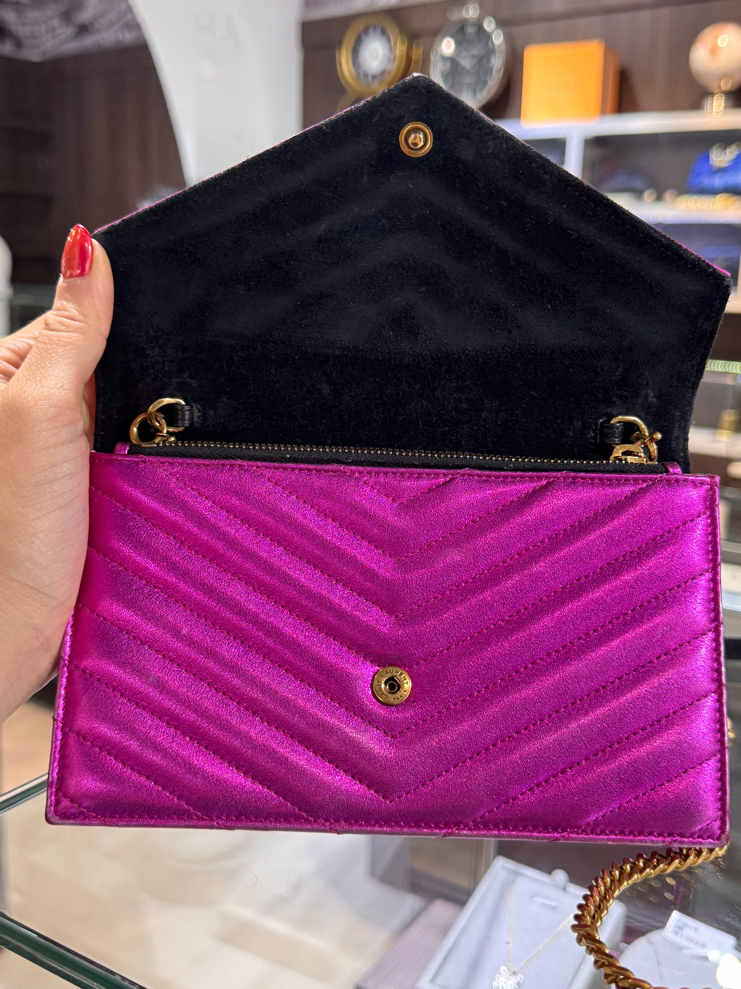 Saint Laurent Wallet On Chain Metallic Pink