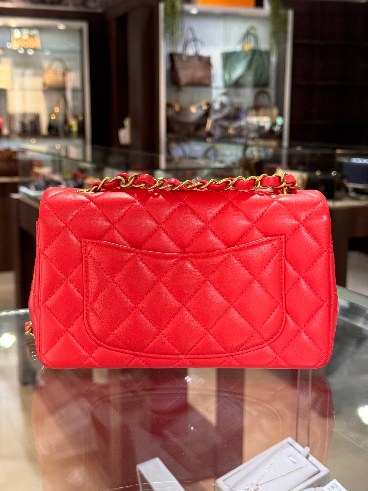 Chanel Mini Rectangular Lambskin Antique Gold Hardware Coral Red