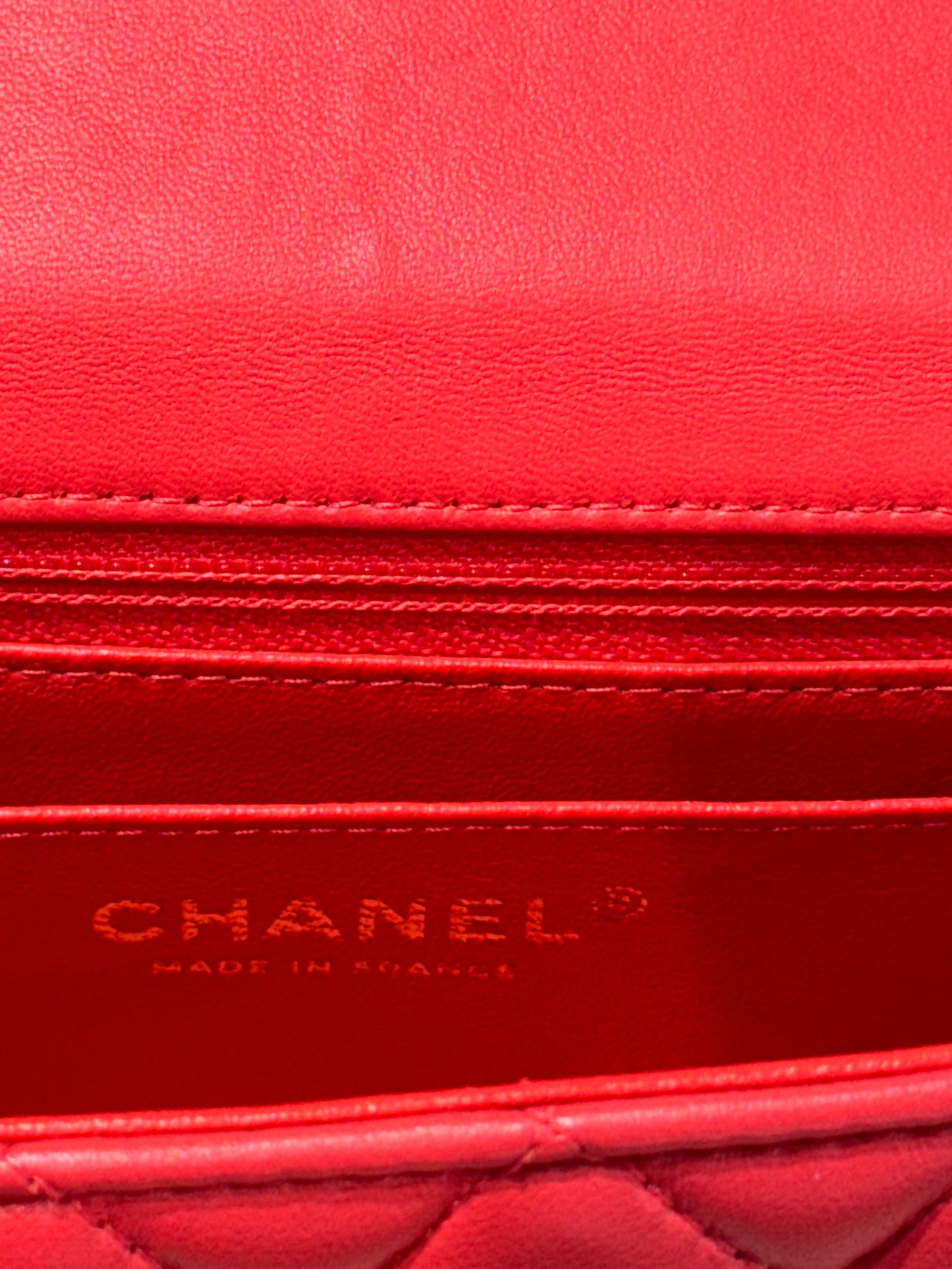 Chanel Mini Rectangular Lambskin Antique Gold Hardware Coral Red