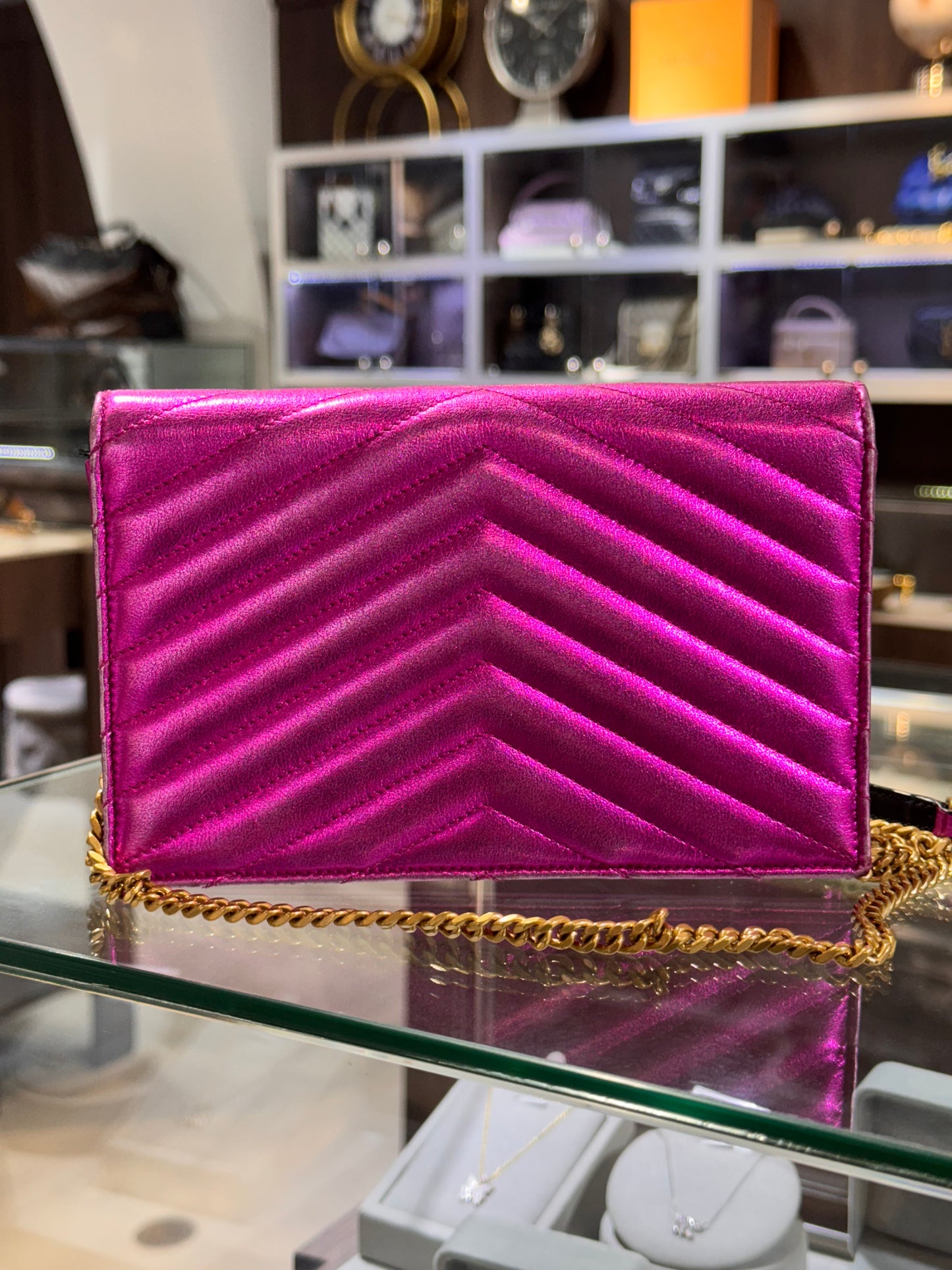 Saint Laurent Wallet On Chain Metallic Pink