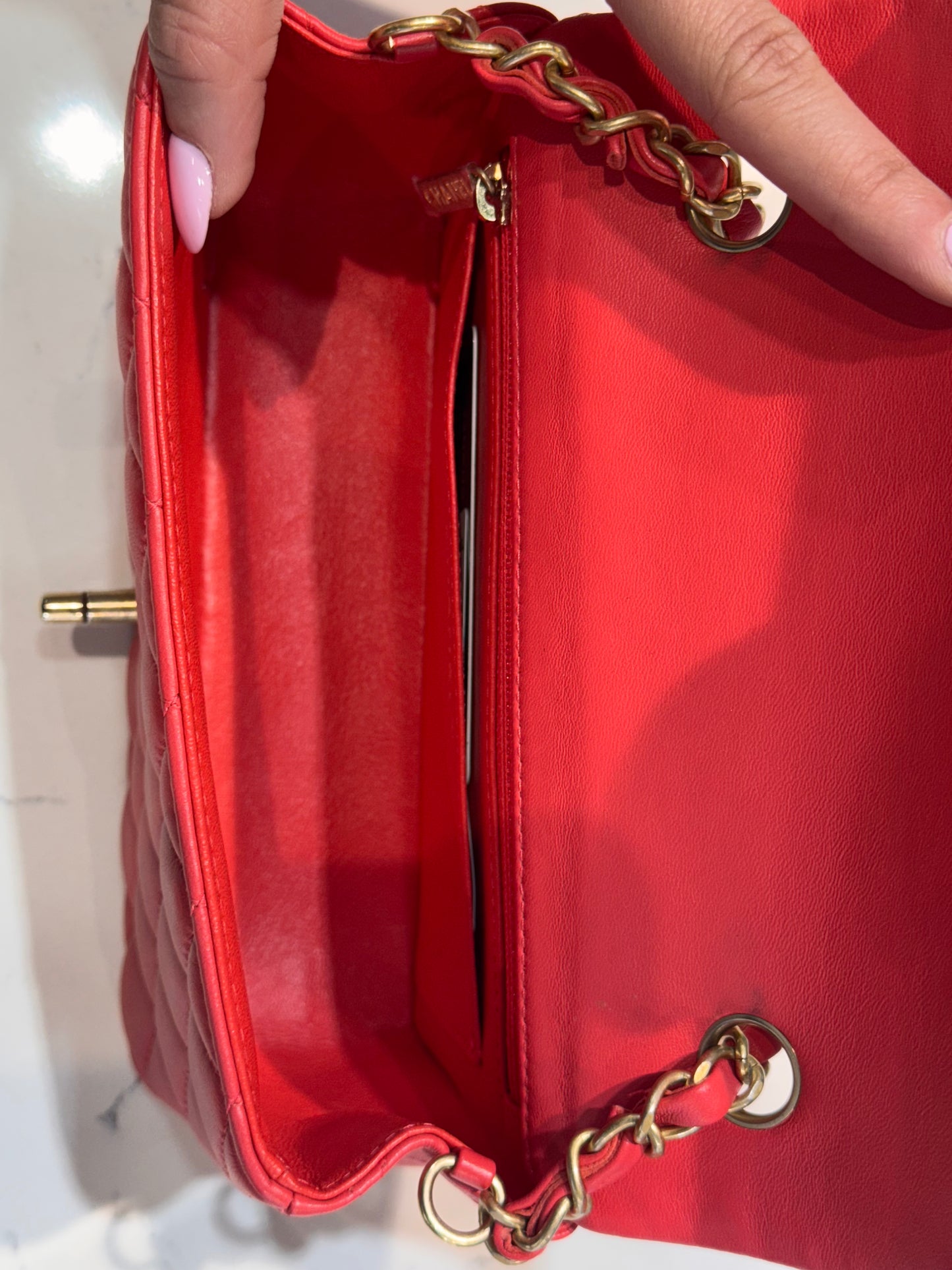 Chanel Mini Rectangular Lambskin Antique Gold Hardware Coral Red