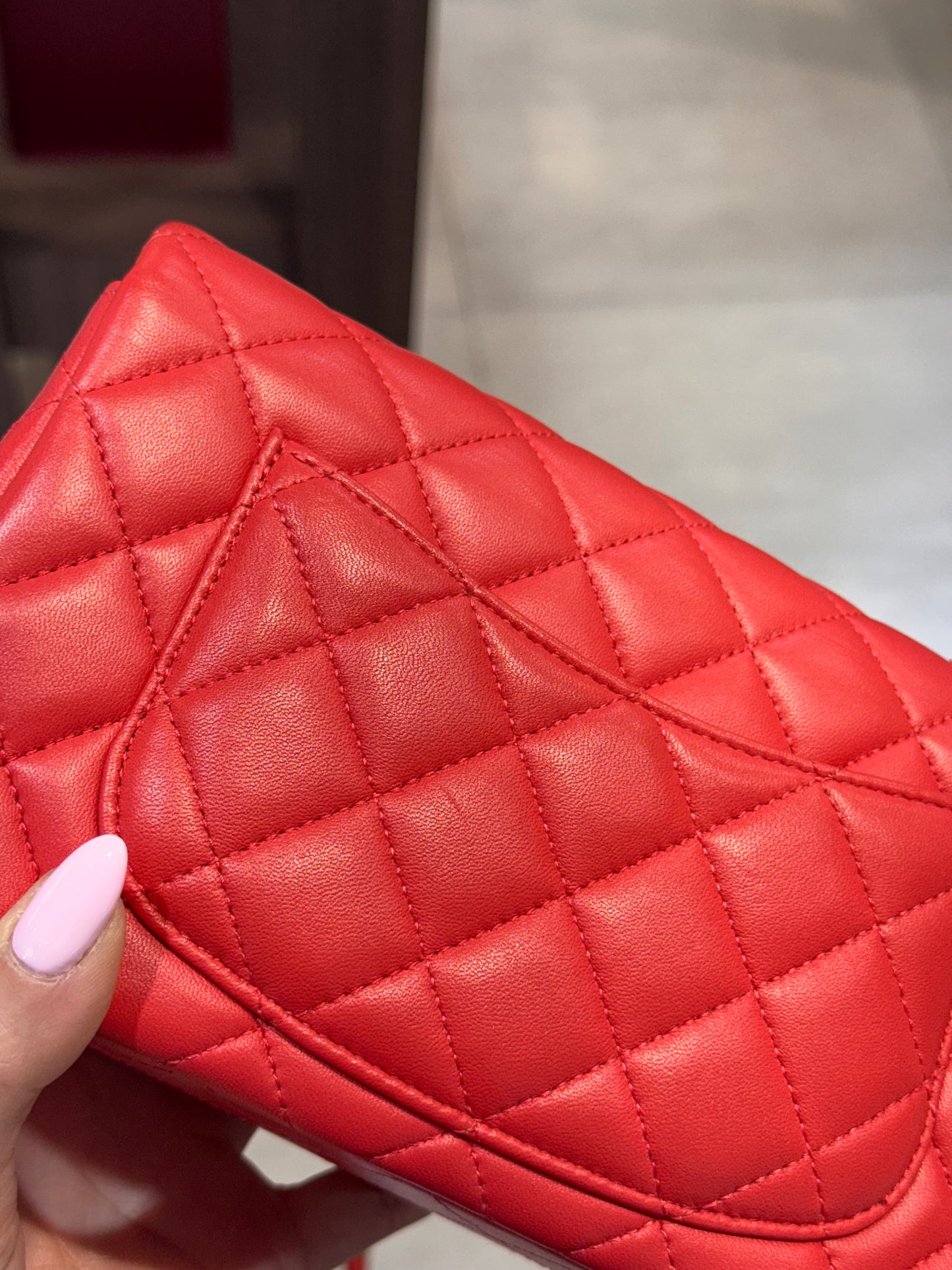 Chanel Mini Rectangular Lambskin Antique Gold Hardware Coral Red