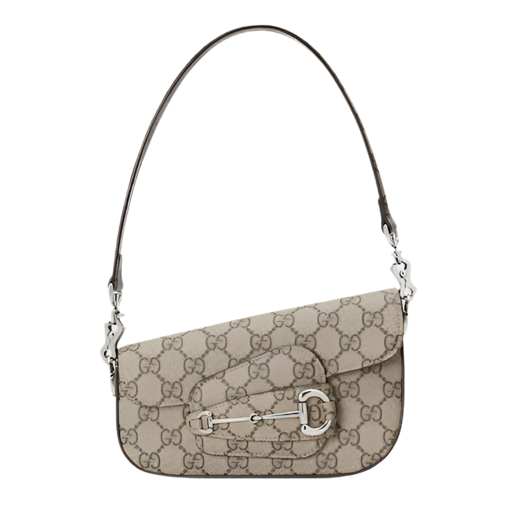 Gucci GG Mini Horsebit 1955 Asymmetric Shoulder Bag Beige Ebony