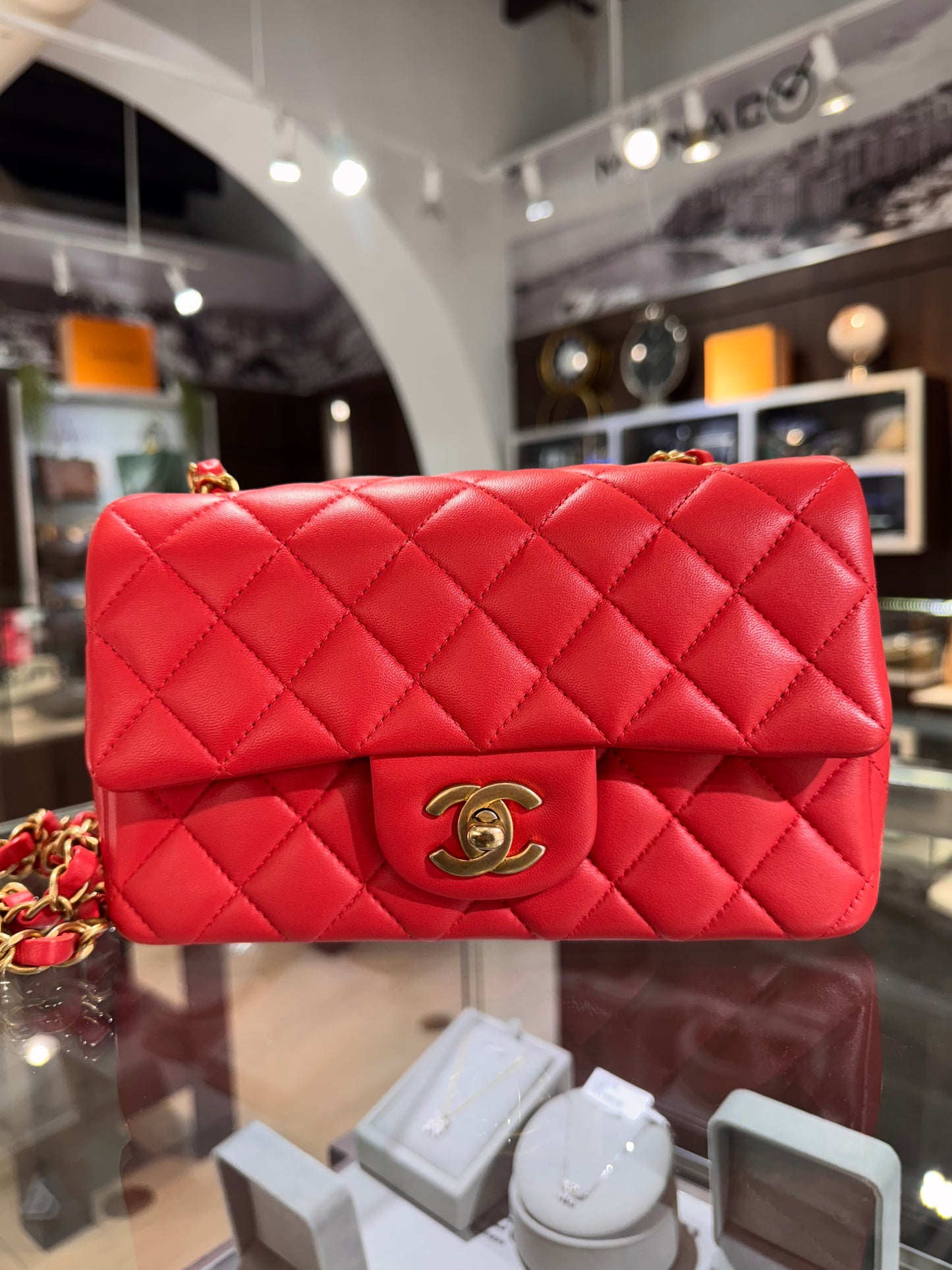Chanel Mini Rectangular Lambskin Antique Gold Hardware Coral Red
