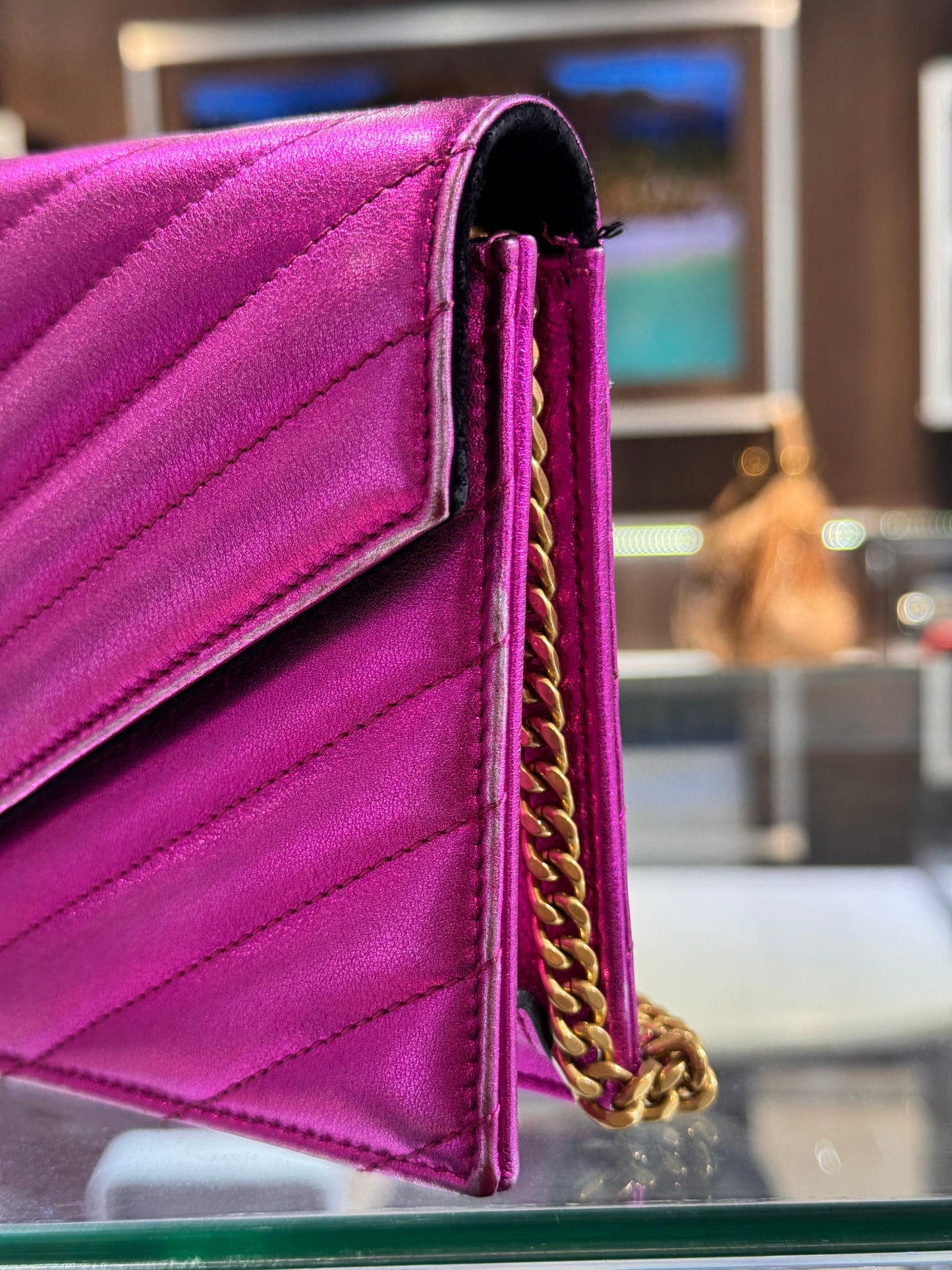 Saint Laurent Wallet On Chain Metallic Pink