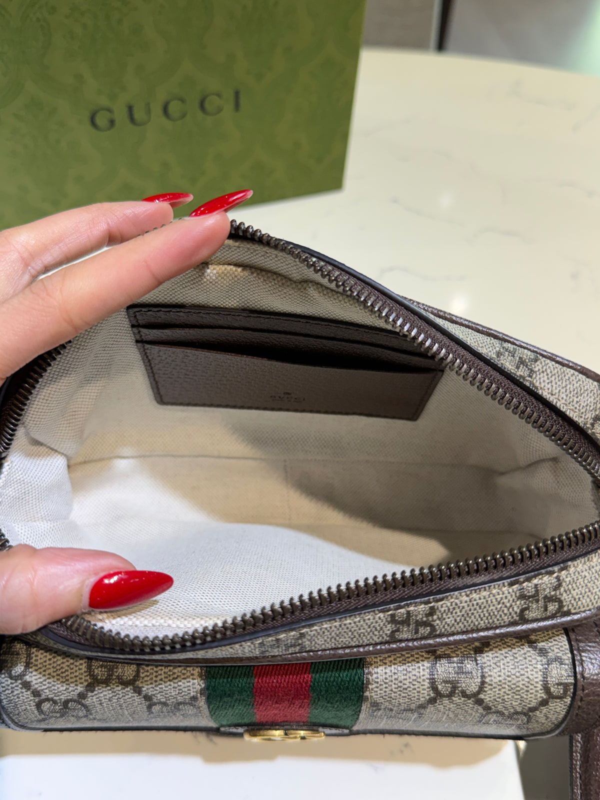 Like New GG Supreme Monogram Mini Ophidia Beige Ebony Bag