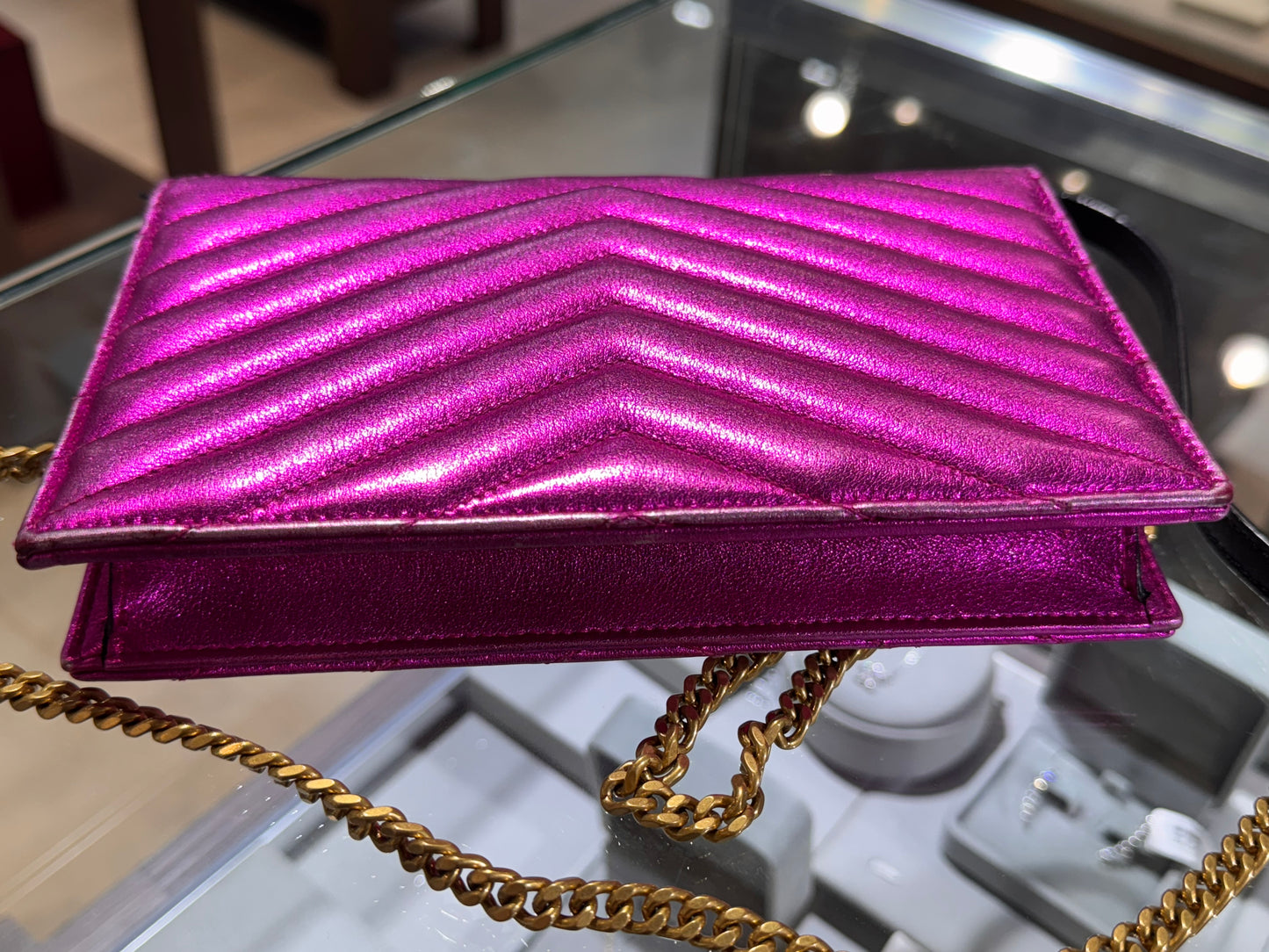 Saint Laurent Wallet On Chain Metallic Pink