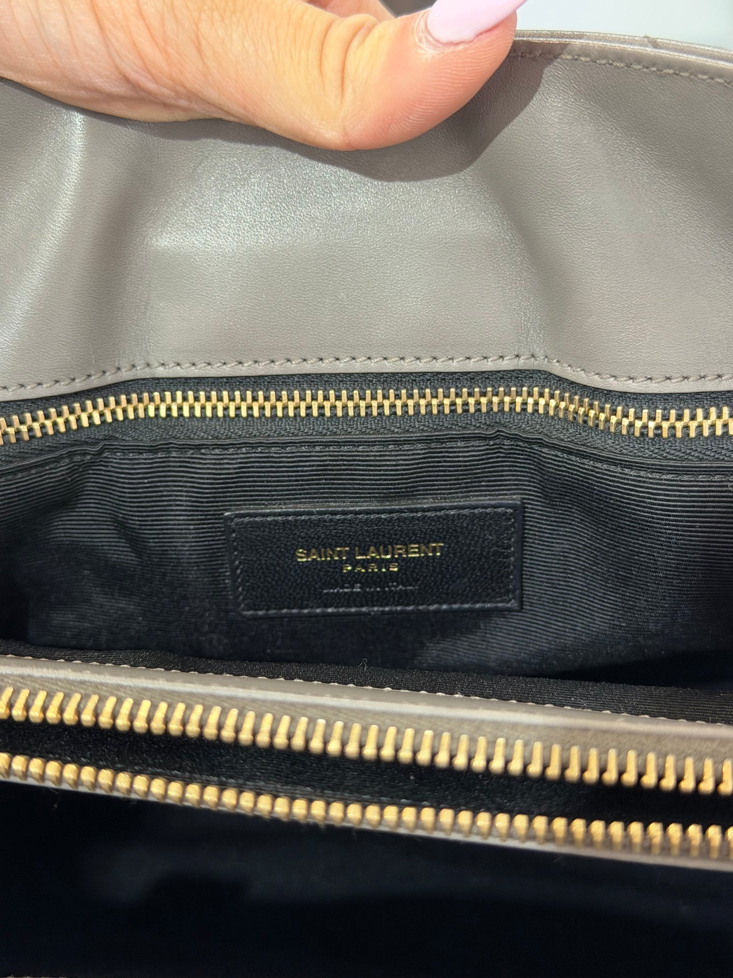 YSL Grain De Poudre Matelasse Chevron Monogram Shopping Bag Fog