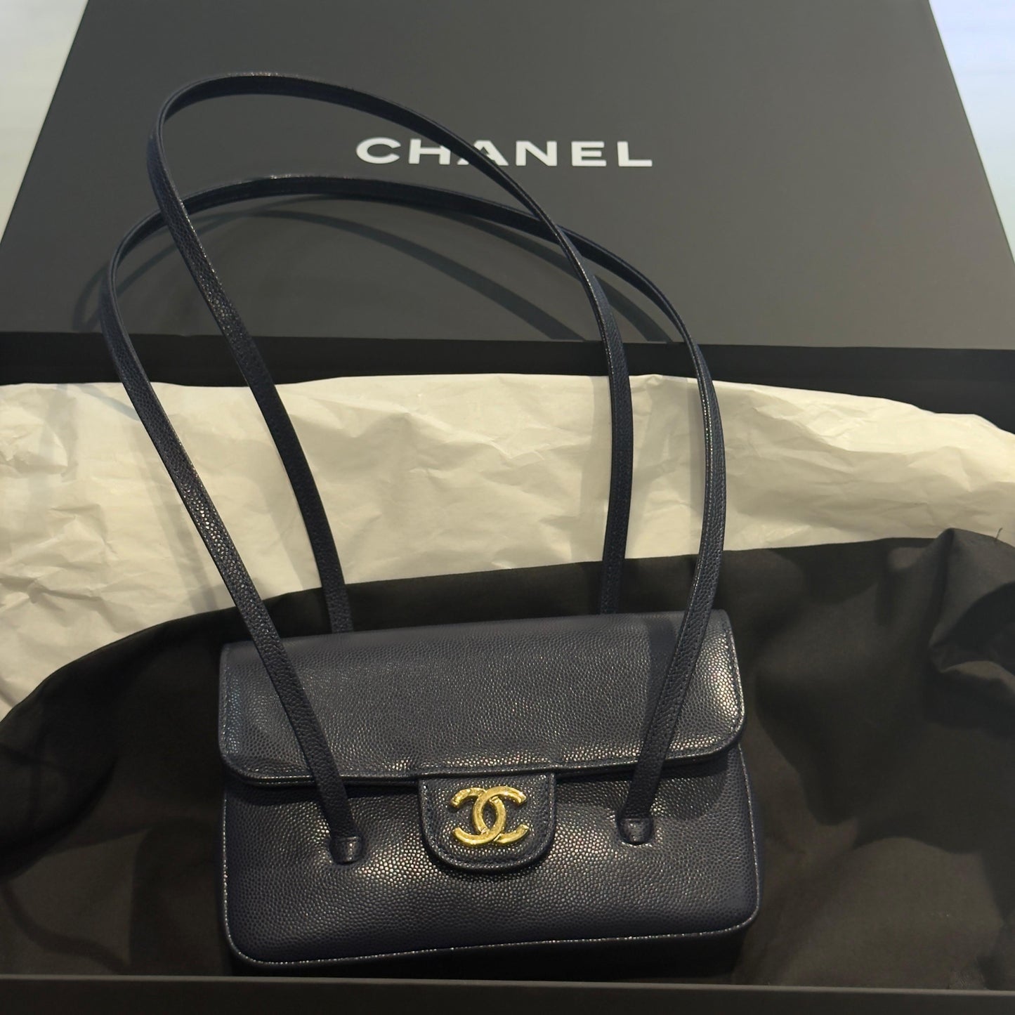 Unworn Shiny Caviar Mini Preppy Coco Shoulder Bag Dark Blue