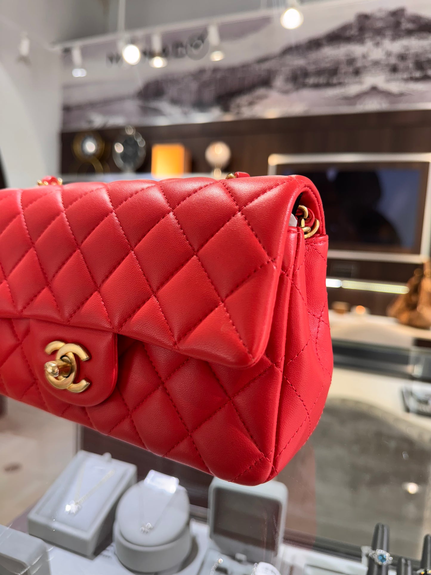 Chanel Mini Rectangular Lambskin Antique Gold Hardware Coral Red
