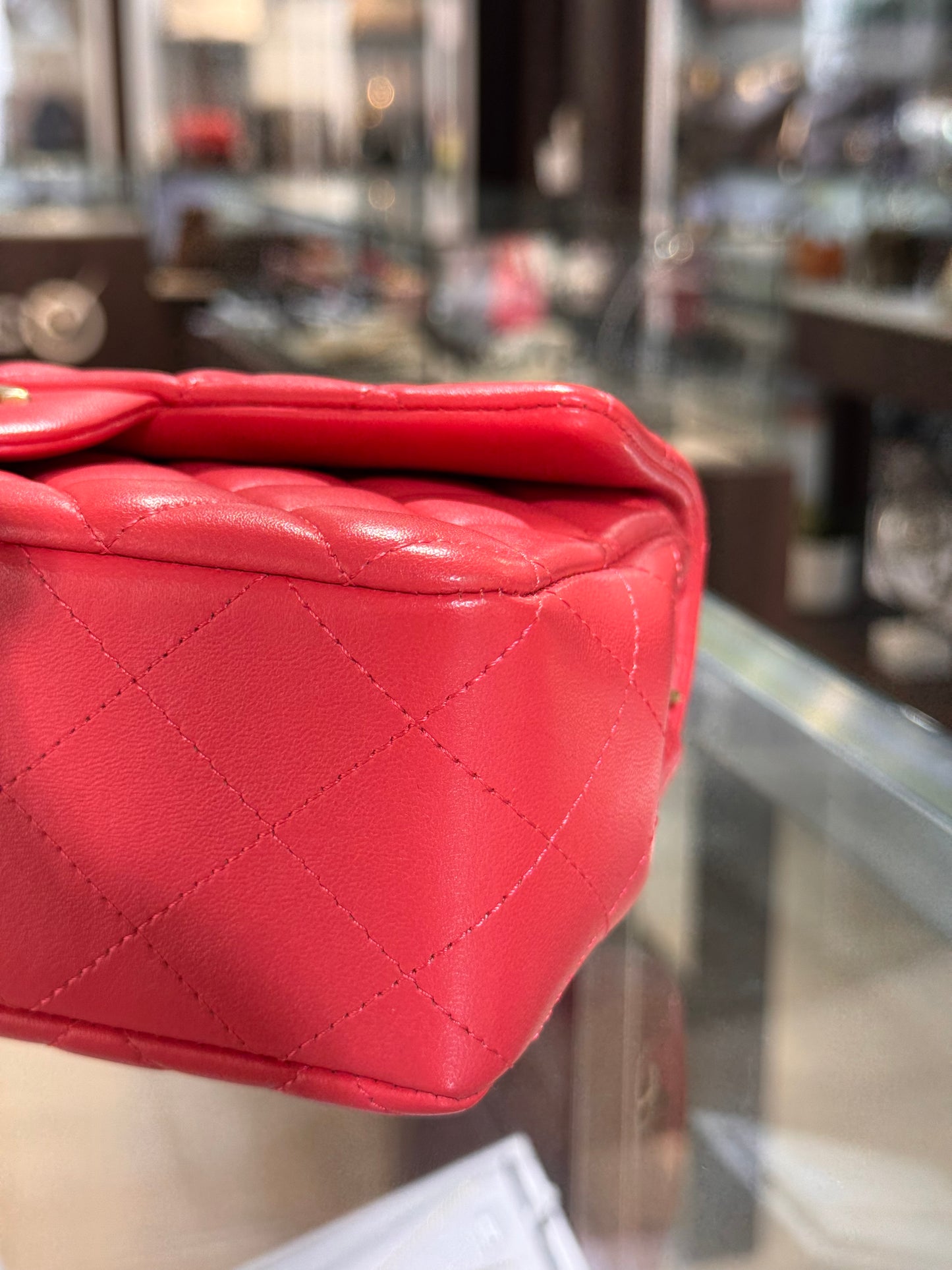 Chanel Mini Rectangular Lambskin Antique Gold Hardware Coral Red
