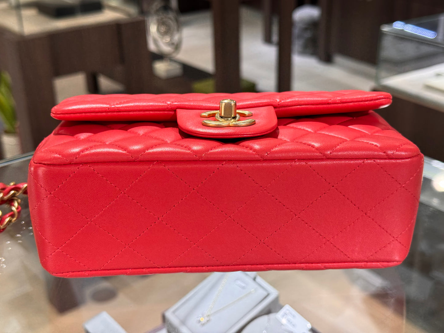 Chanel Mini Rectangular Lambskin Antique Gold Hardware Coral Red