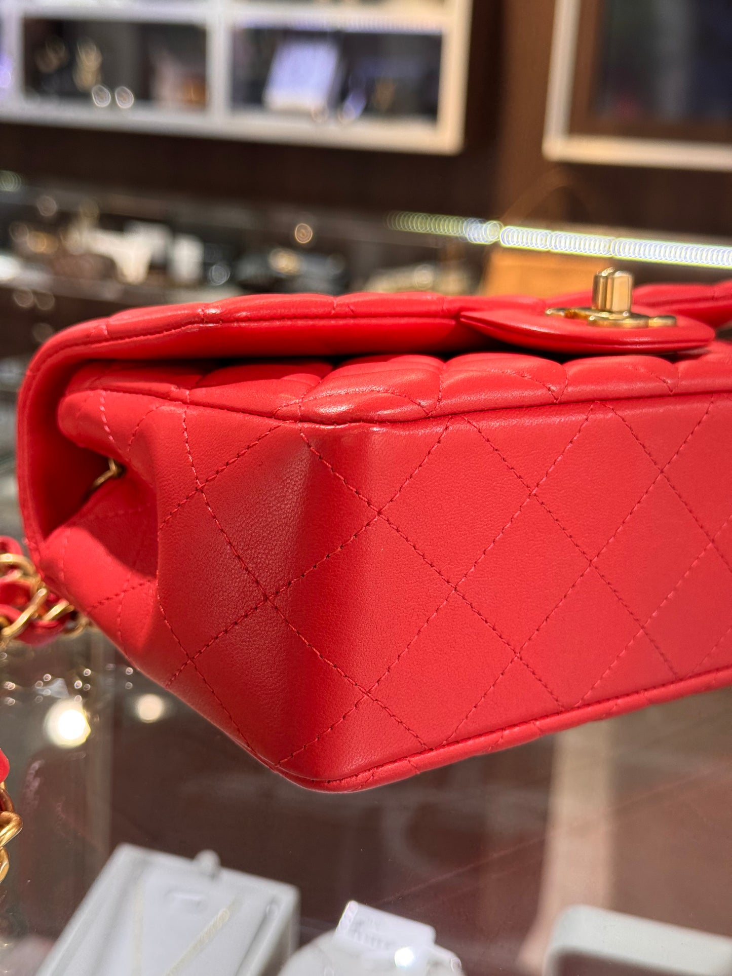 Chanel Mini Rectangular Lambskin Antique Gold Hardware Coral Red