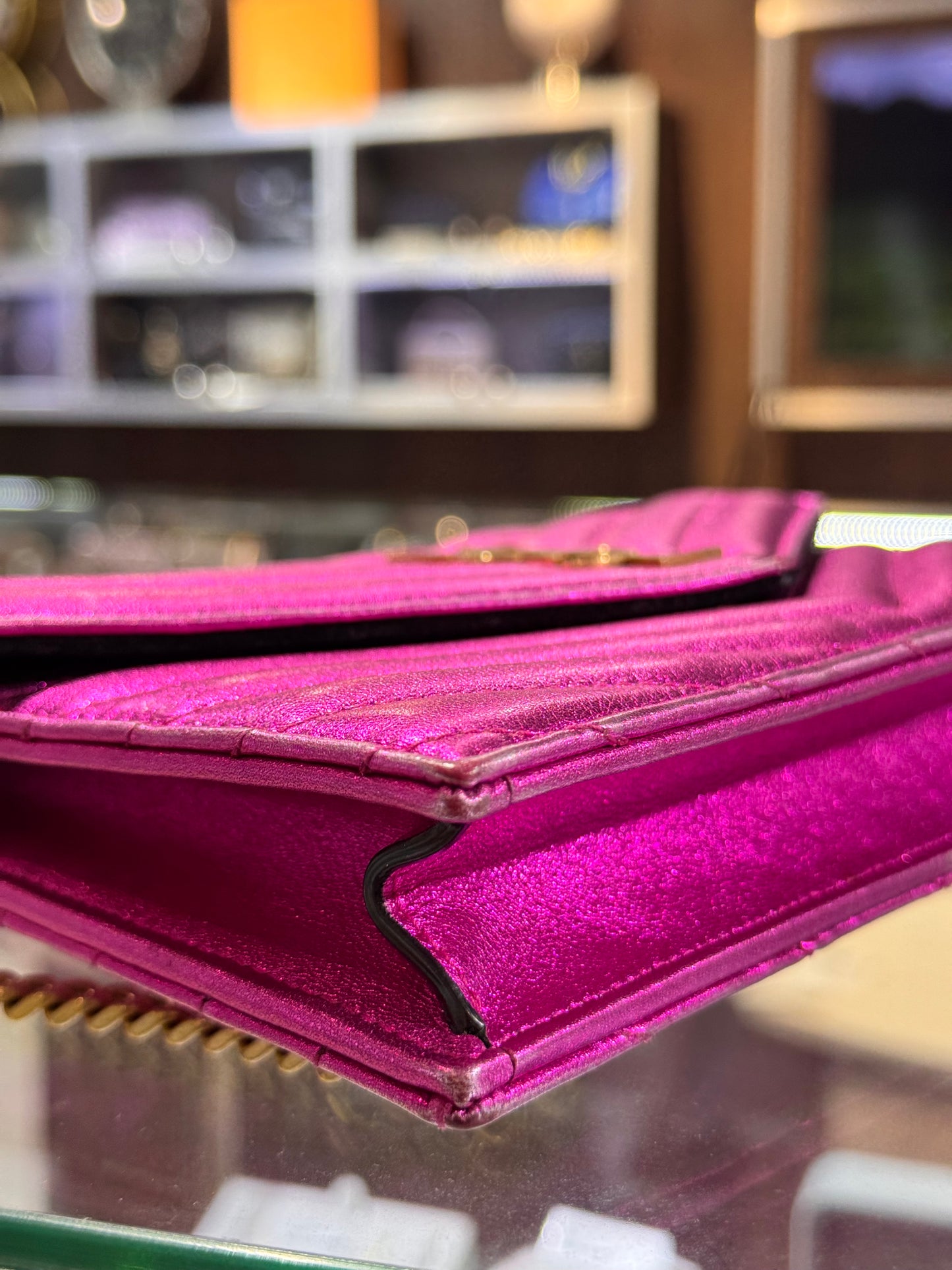 Saint Laurent Wallet On Chain Metallic Pink