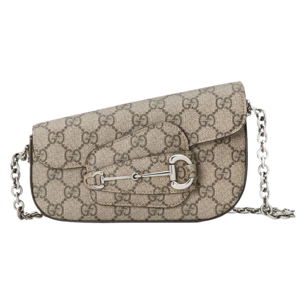 Gucci GG Mini Horsebit 1955 Asymmetric Shoulder Bag Beige Ebony