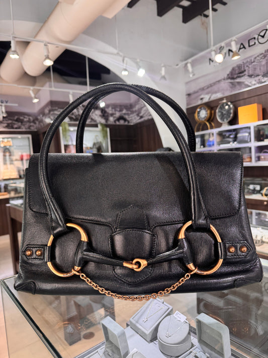 Vintage Gucci Black Leather Large Horsebit Chain Bag