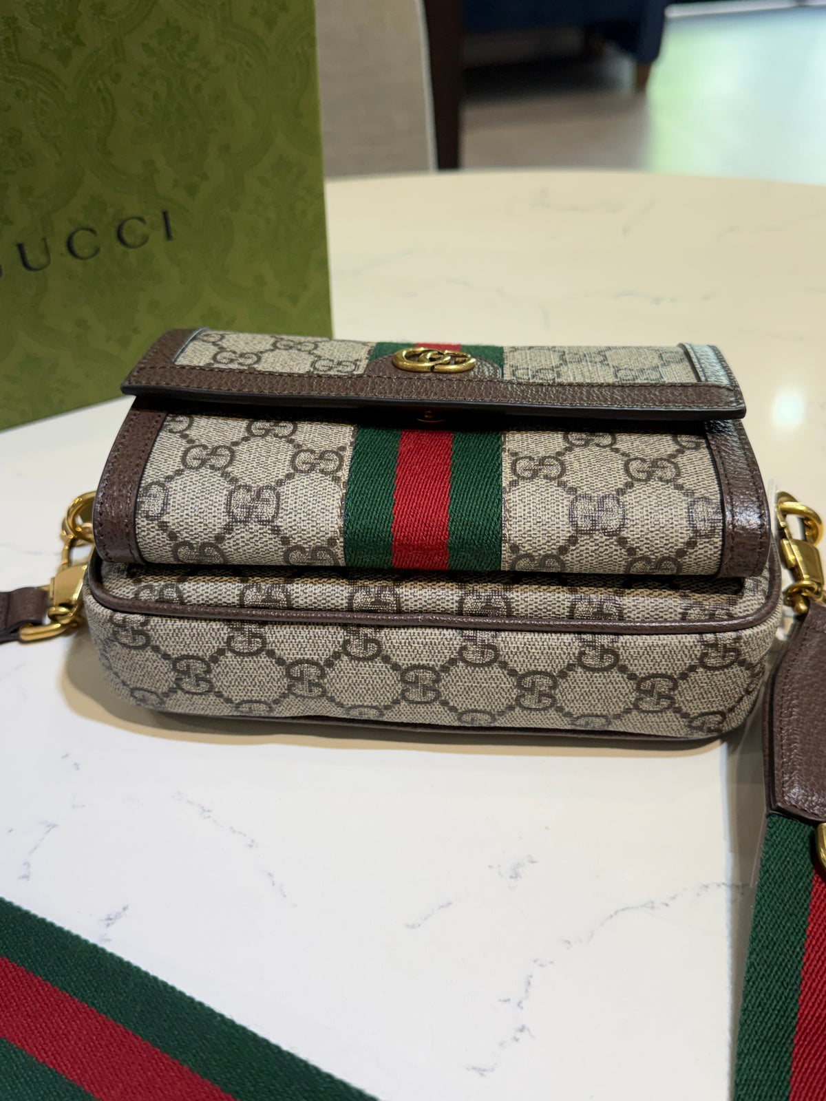 Like New GG Supreme Monogram Mini Ophidia Beige Ebony Bag