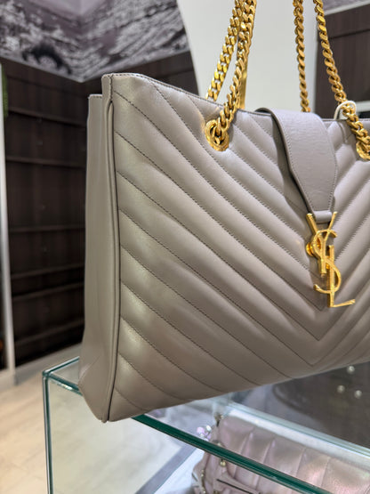 YSL Grain De Poudre Matelasse Chevron Monogram Shopping Bag Fog