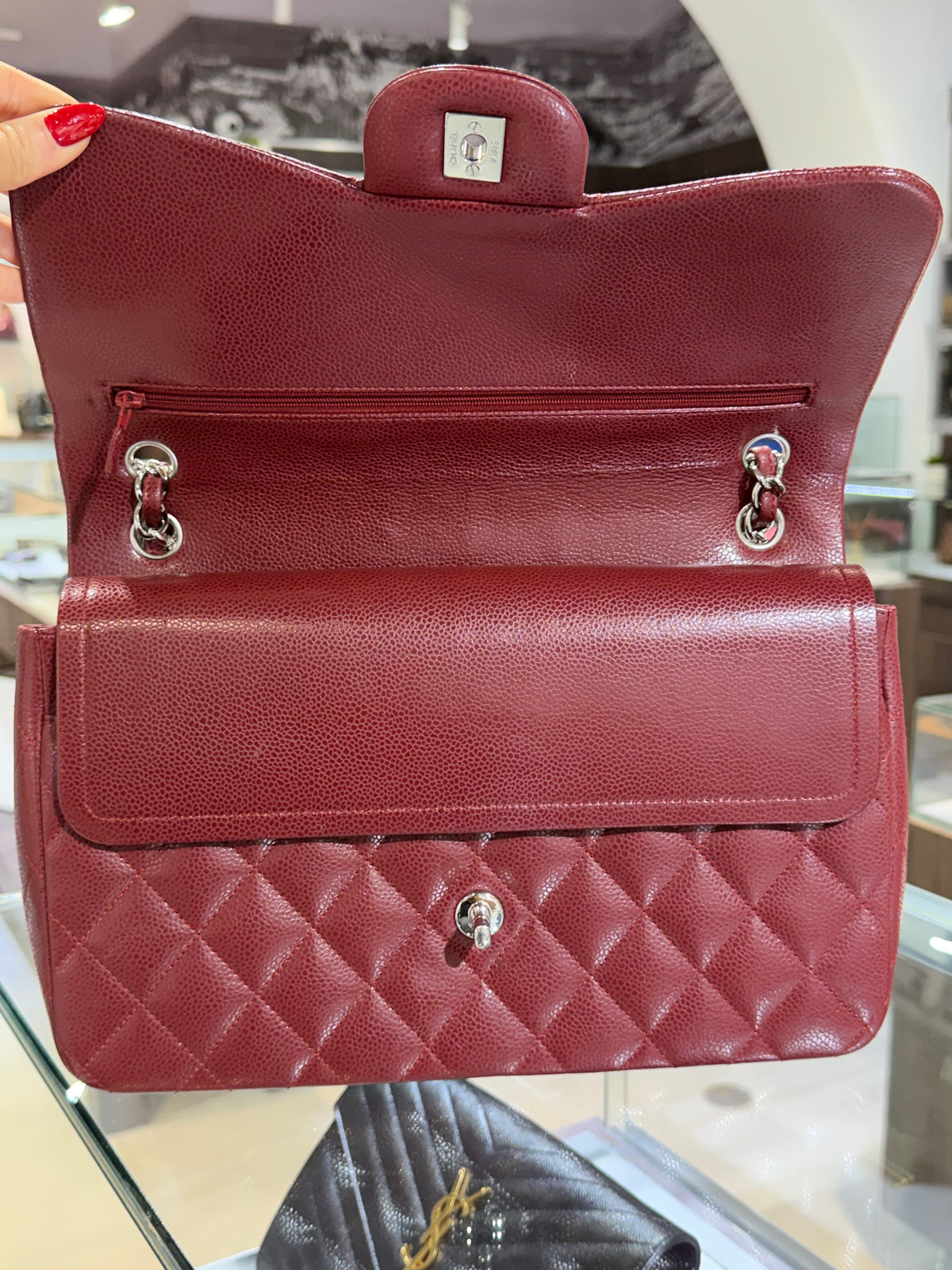 Pre-Owned CC Classic Double Flap Burgundy Caviar Jumbo Silver Hardware