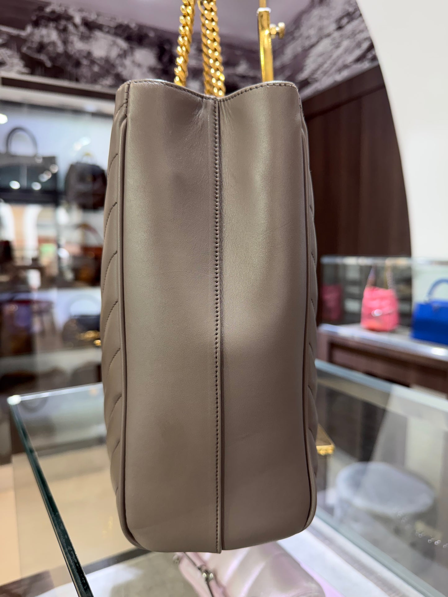 YSL Grain De Poudre Matelasse Chevron Monogram Shopping Bag Fog