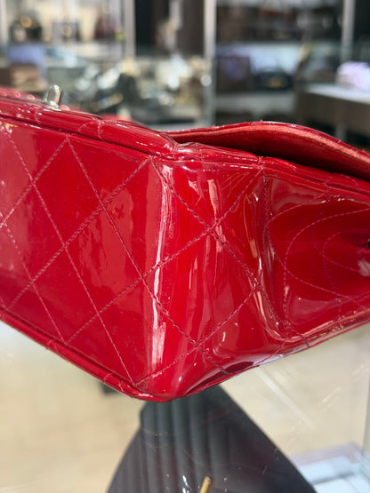 Pre-Owned CC Red Patent Jumbo Single Flap Silver Hardware 2009-2010