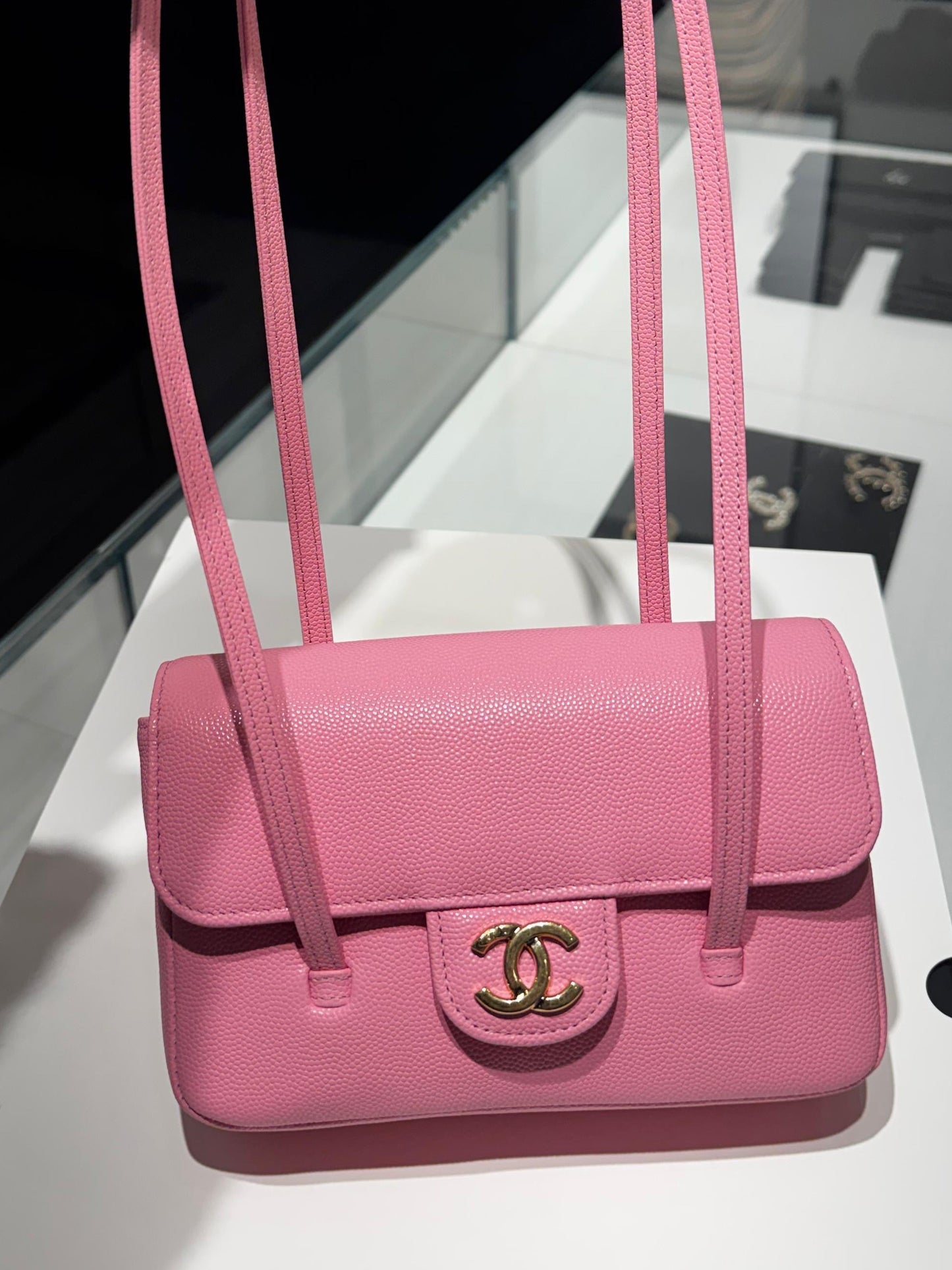 Unworn CC Mini Preppy Coco Flap with Straps Pink Shiny Caviar Brushed Gold Hardware