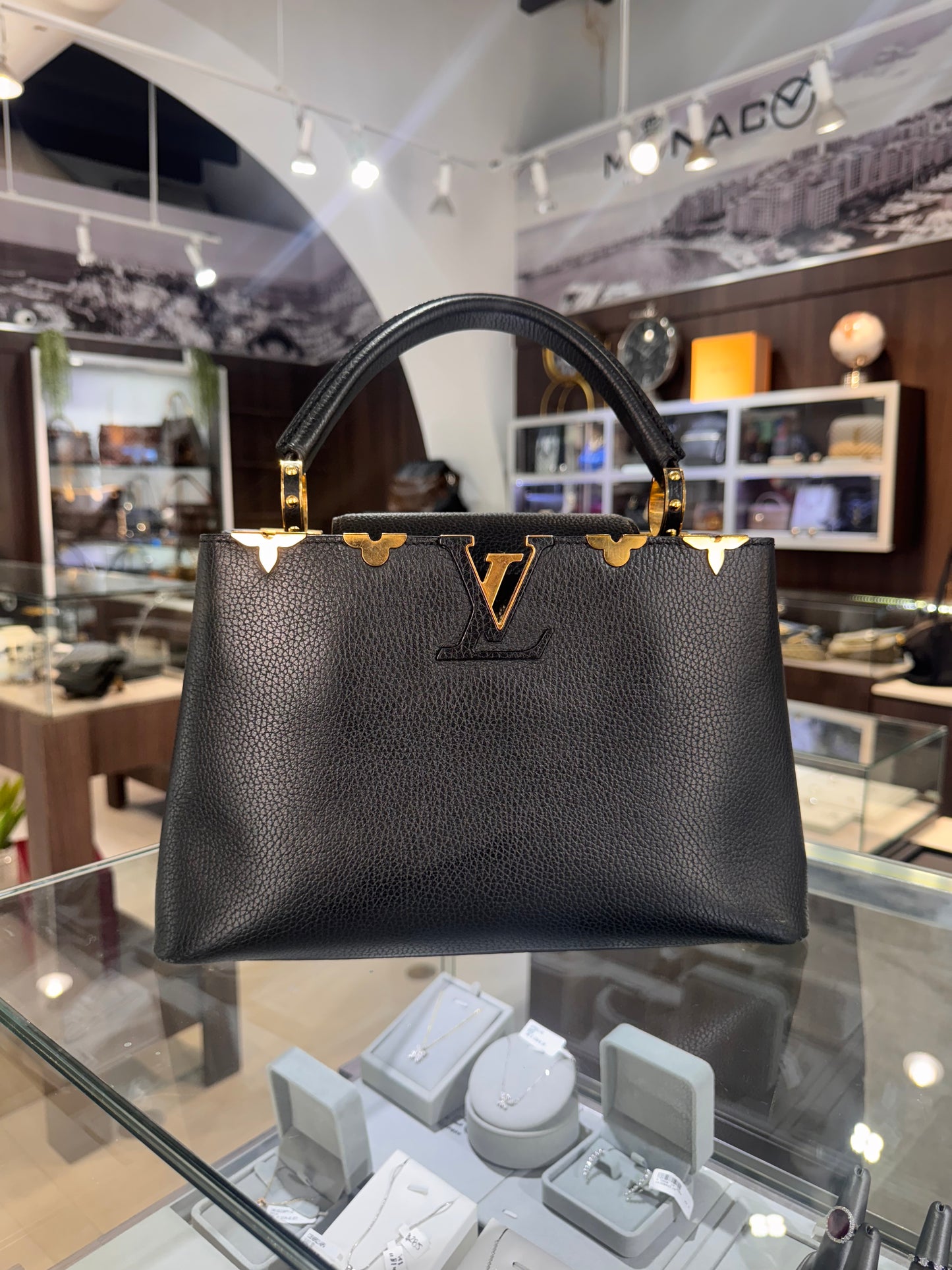 Louis Vuitton Black Taurillon Leather Metallic Flower Embellished Capucines MM