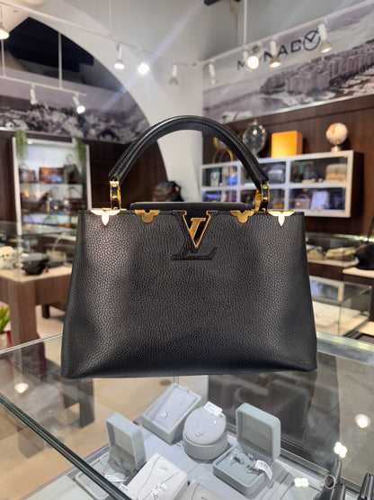 Louis Vuitton Black Taurillon Leather Metallic Flower Embellished Capucines MM