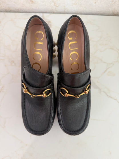 Pre-Owned GG Black Leather Horsebit Pearl Embellished Platform Loafers Size 38