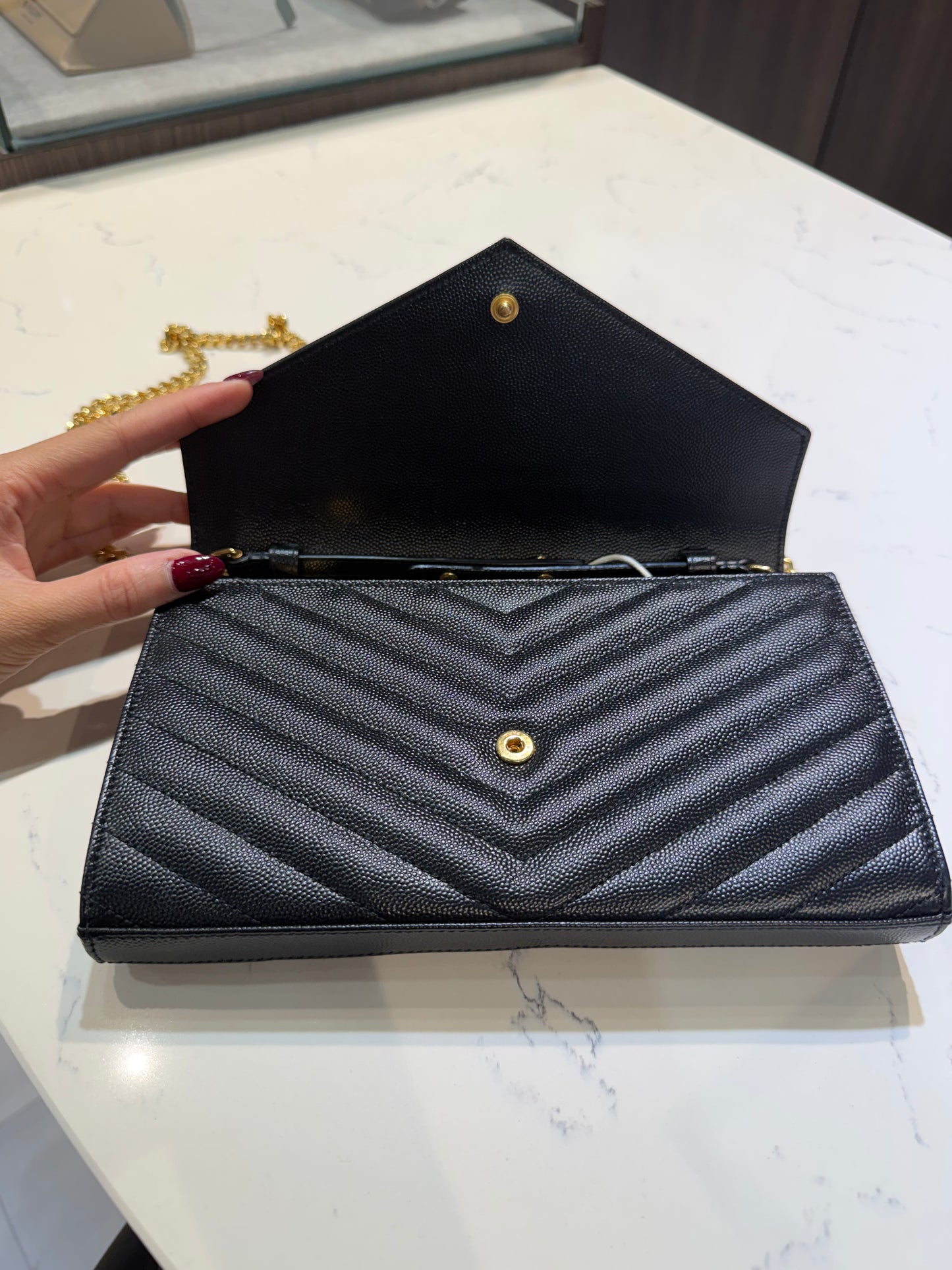 Pre-Owned YSL Cassandre Wallet On Chain In Grain De Poudre