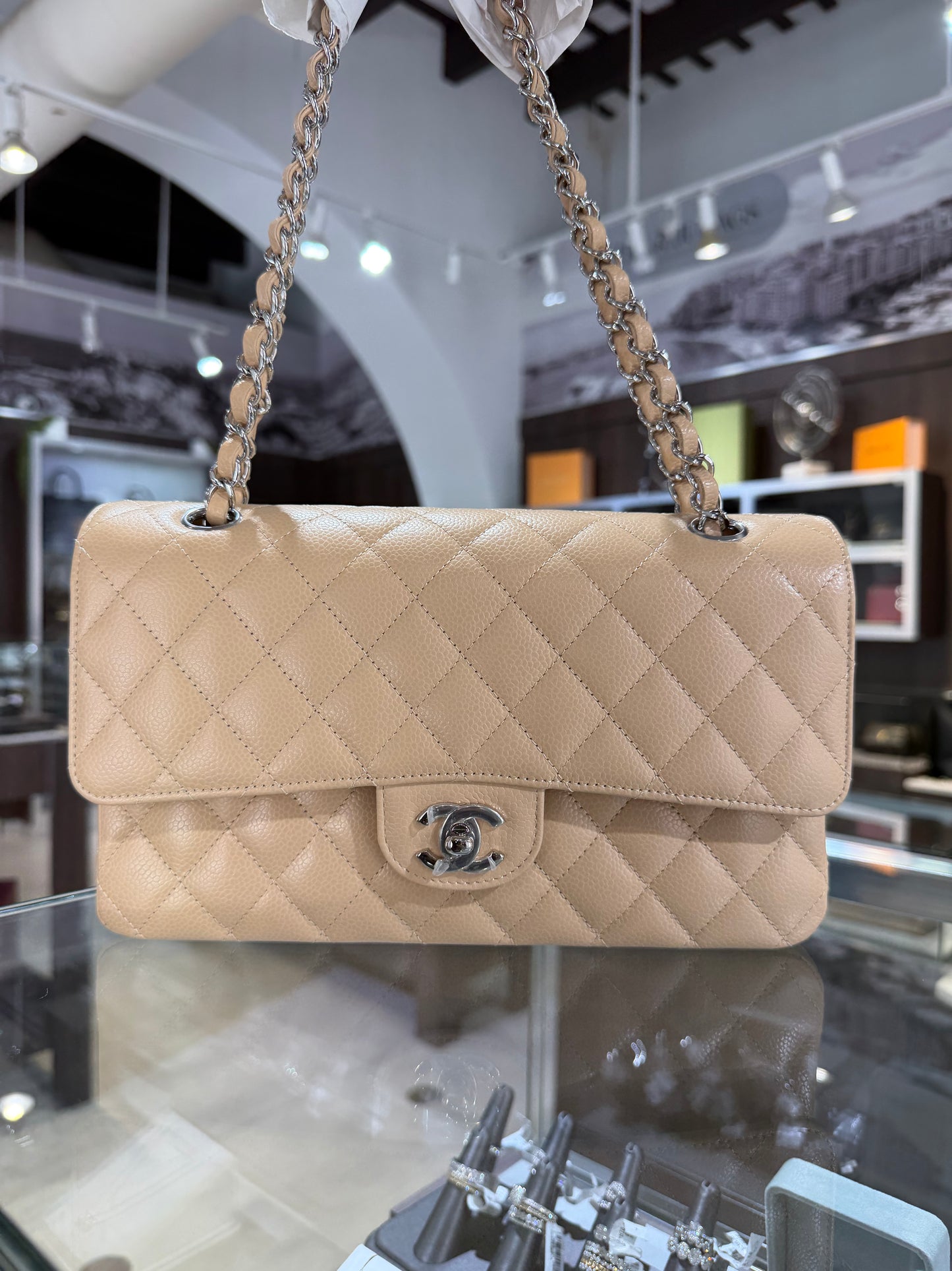 Pending Balance Like New Chanel Beige Classic Medium Double Flap Caviar Silver Hardware