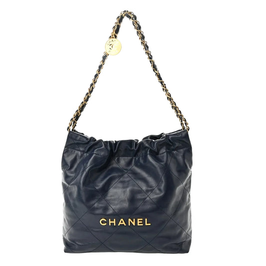 Unworn CC Shiny Calfskin Quilted Small Chanel 22 Navy Blue