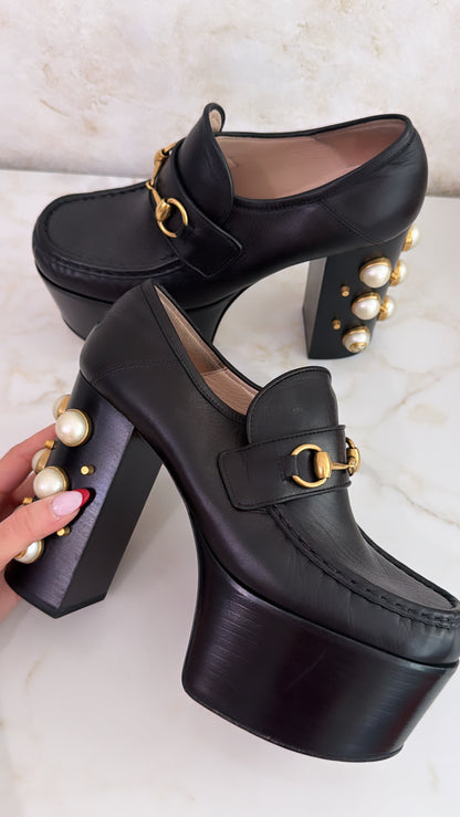 Pre-Owned GG Black Leather Horsebit Pearl Embellished Platform Loafers Size 38
