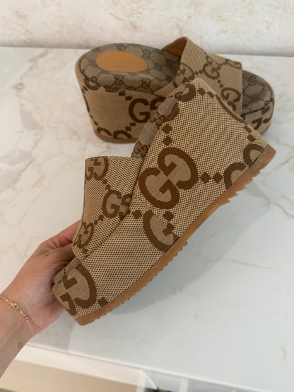 Pre-Owned GG Monogram Jumbo Platform Sandals 37.5 Camel Ebony