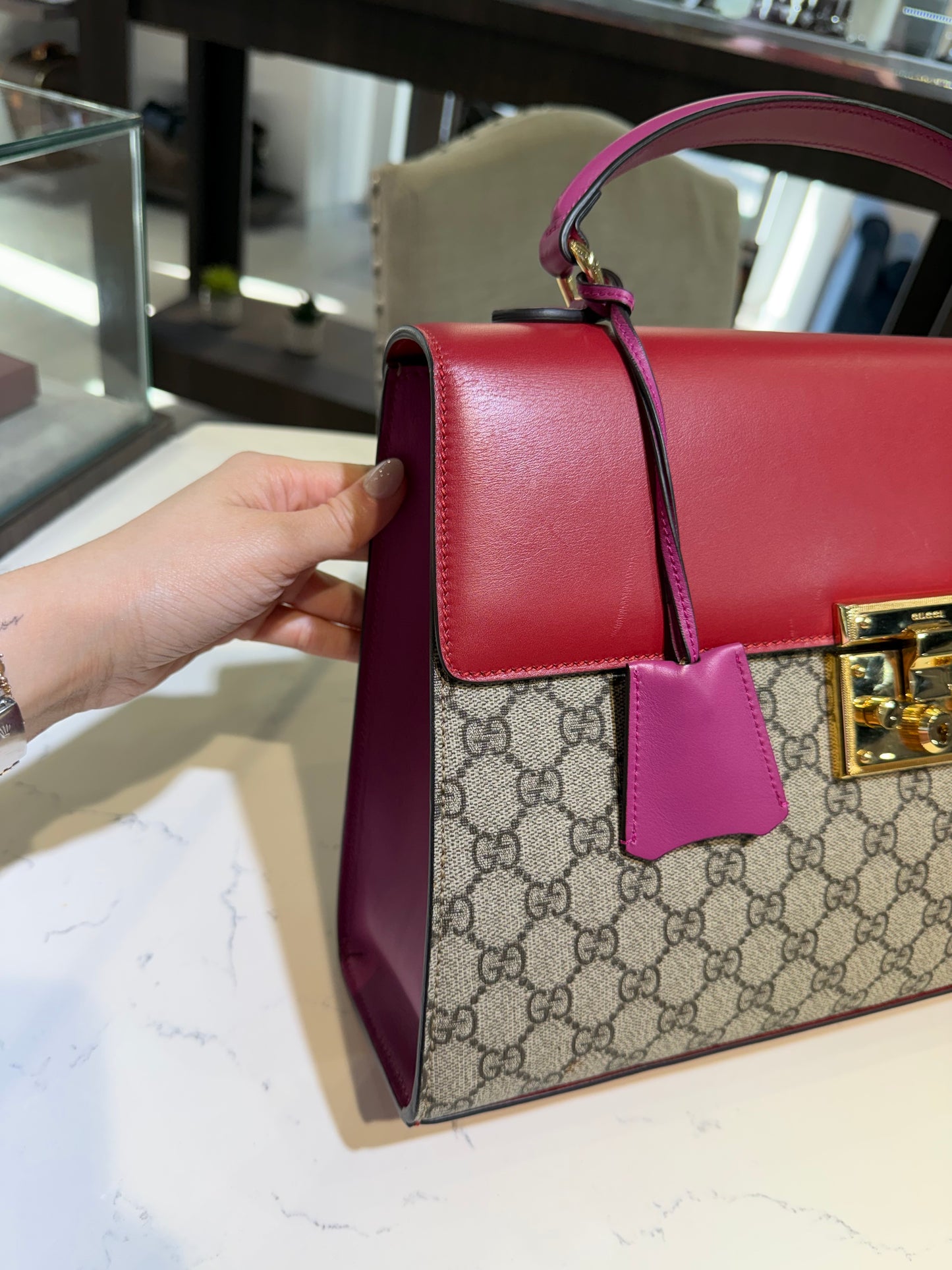 Pre-Owned GG Supreme Monogram Medium Padlock Top Handle Pink/Red