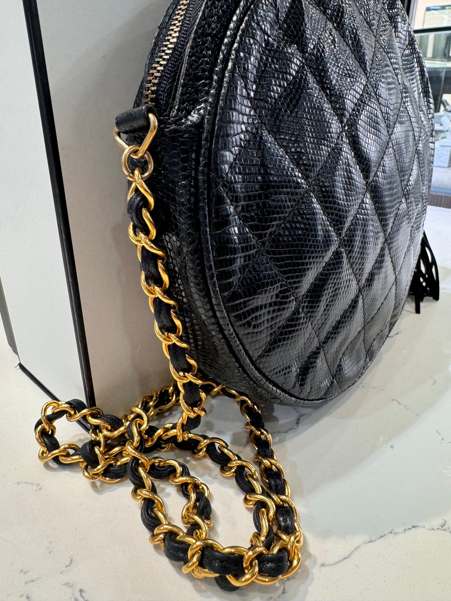 Vintage Chanel Black Shiny Lizard Round