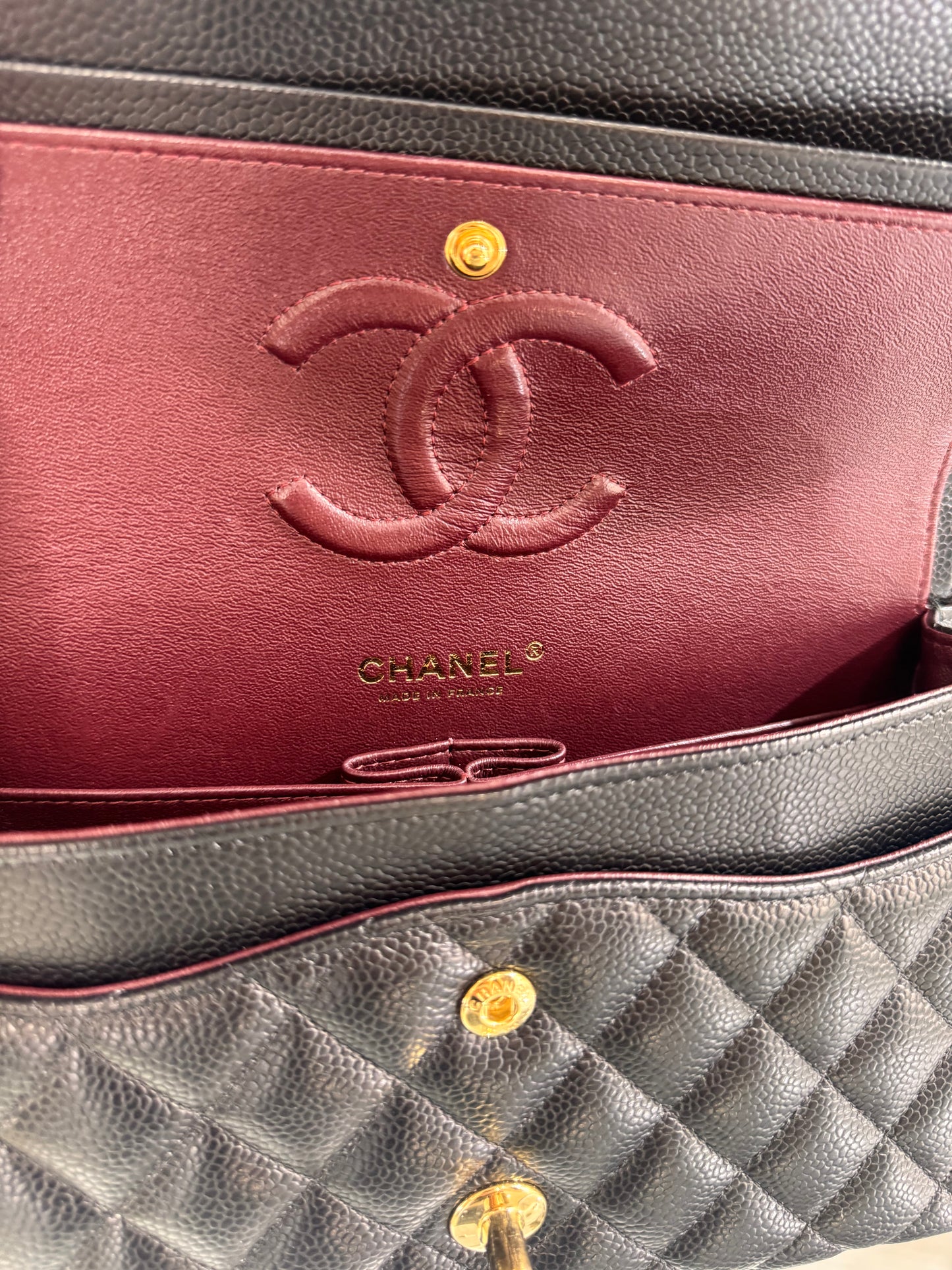 Chanel Black Caviar Medium Classic Flap Gold Hardware
