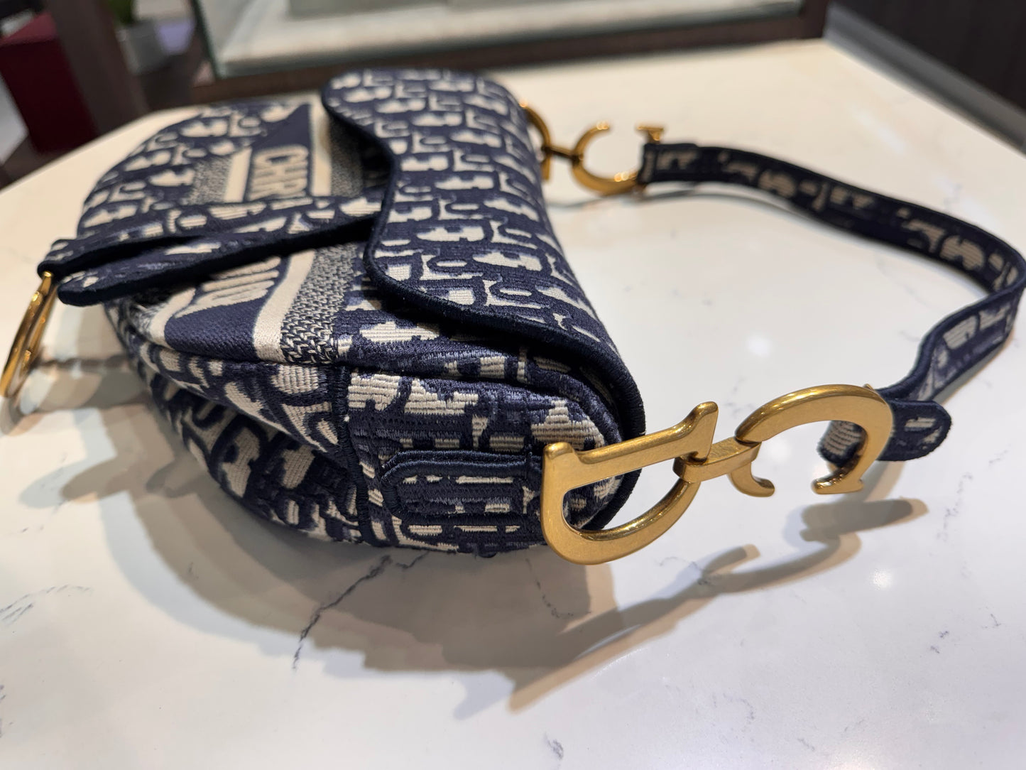 Christian Dior Oblique Embroidered Saddle Bag Blue