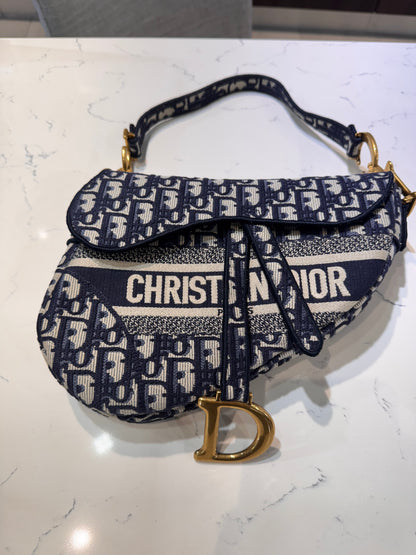 Christian Dior Oblique Embroidered Saddle Bag Blue