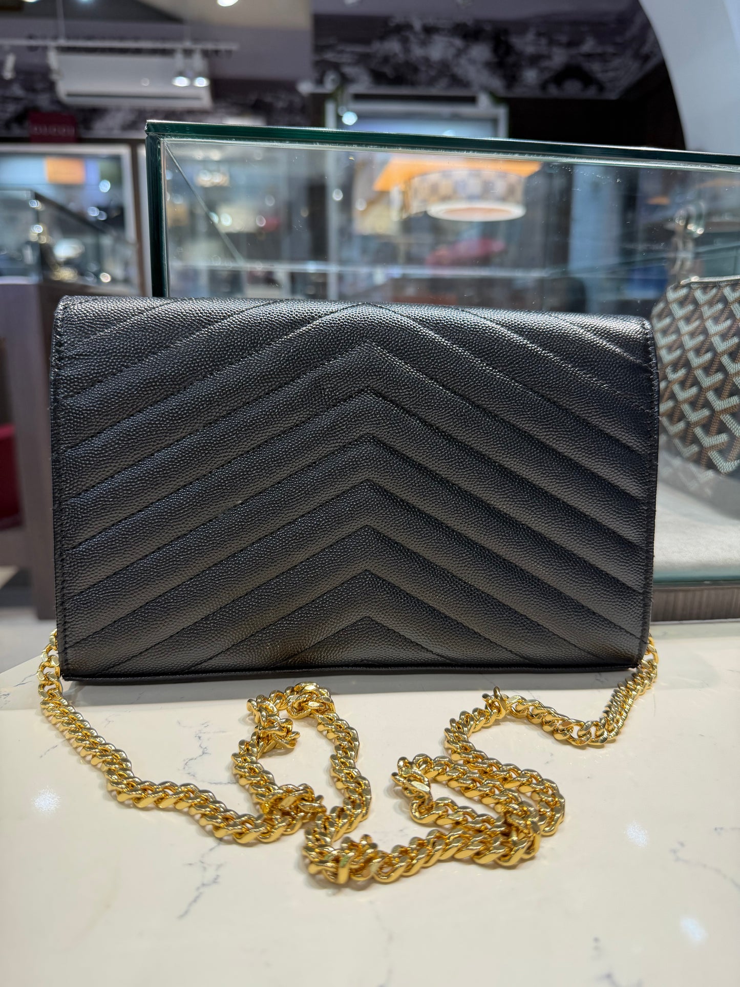Pre-Owned YSL Cassandre Wallet On Chain In Grain De Poudre