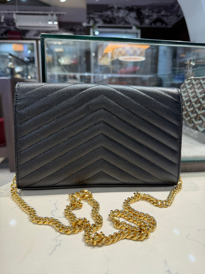 Pre-Owned YSL Cassandre Wallet On Chain In Grain De Poudre