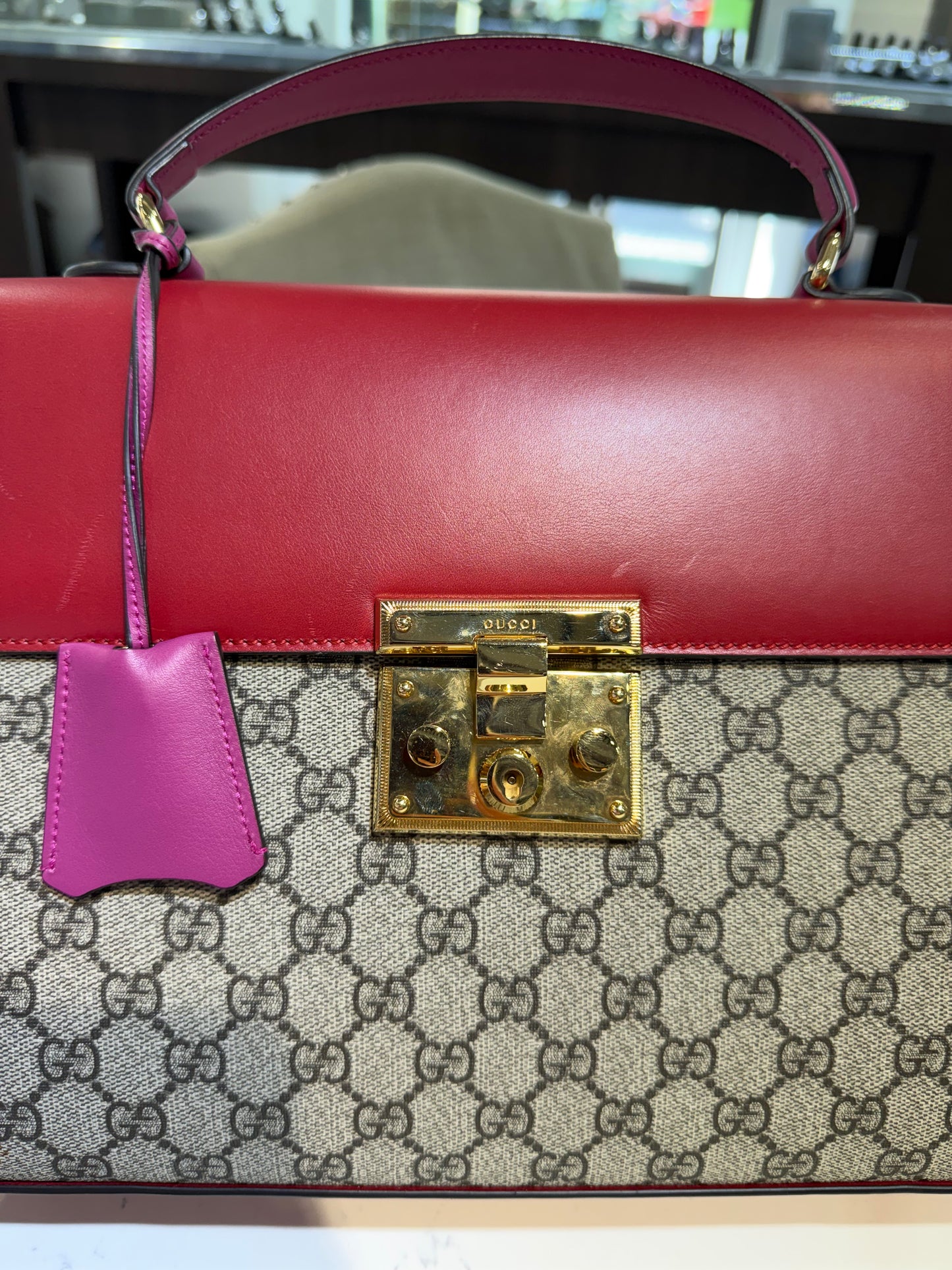 Pre-Owned GG Supreme Monogram Medium Padlock Top Handle Pink/Red