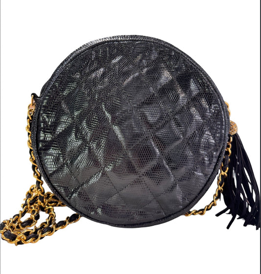 Vintage Chanel Black Shiny Lizard Round