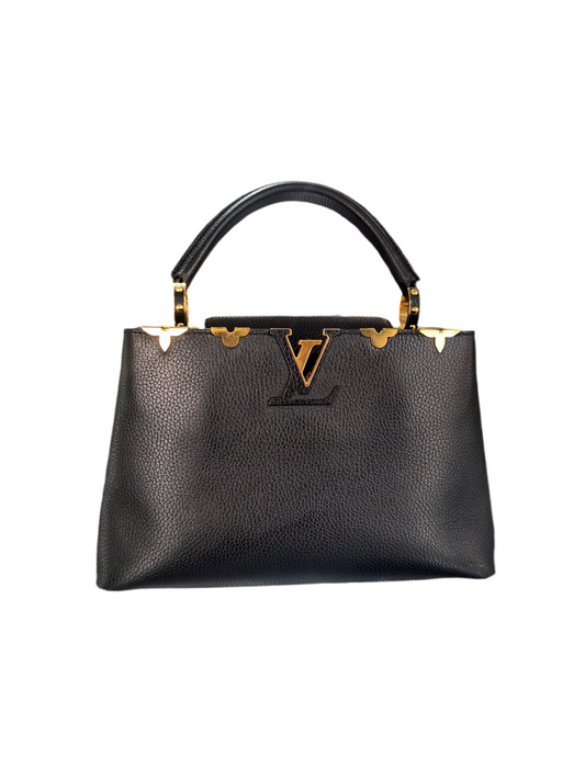 Louis Vuitton Black Taurillon Leather Metallic Flower Embellished Capucines MM