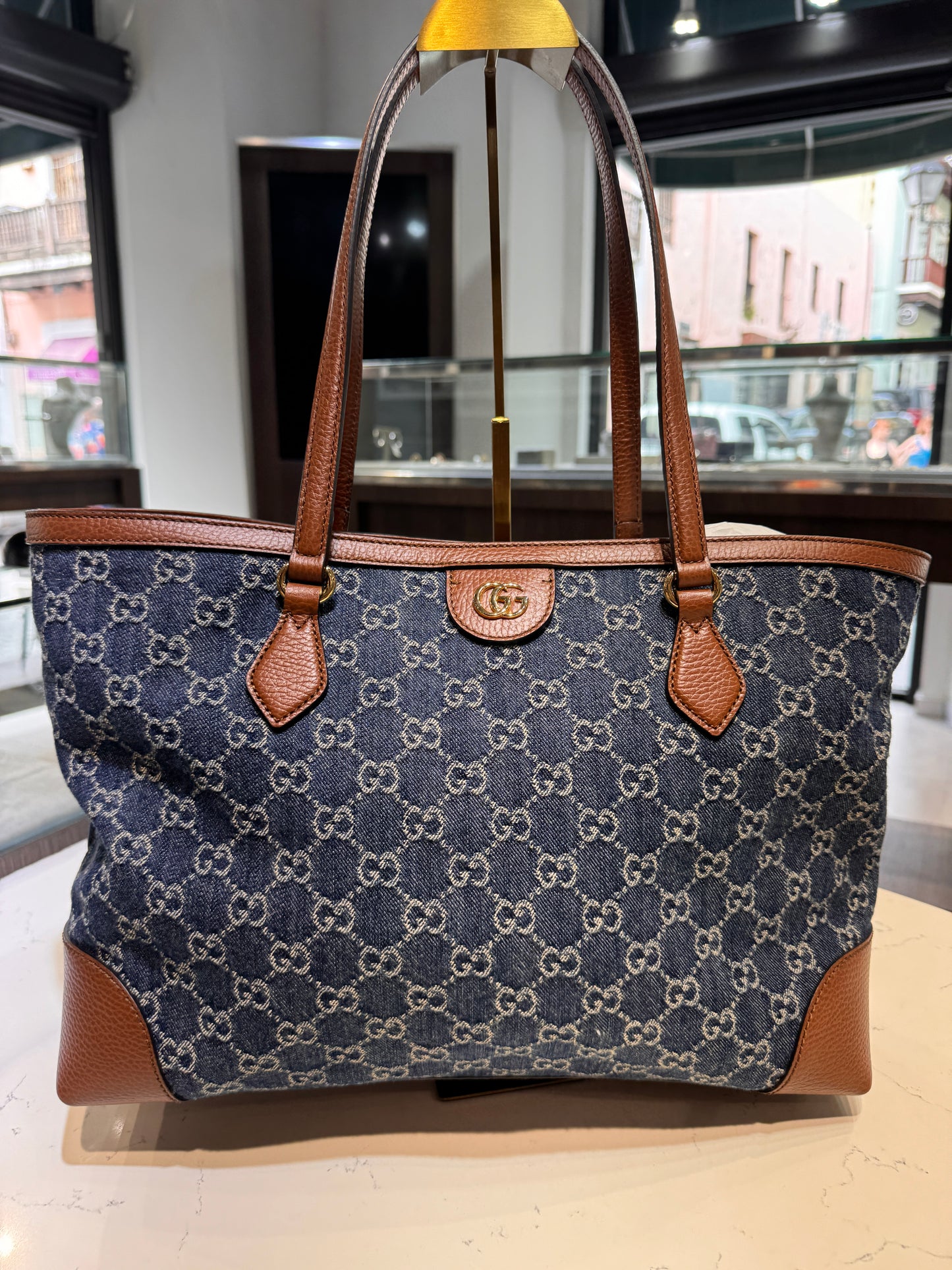 GUCCI BLUE DENIM OPHIDIA TOTE BAG