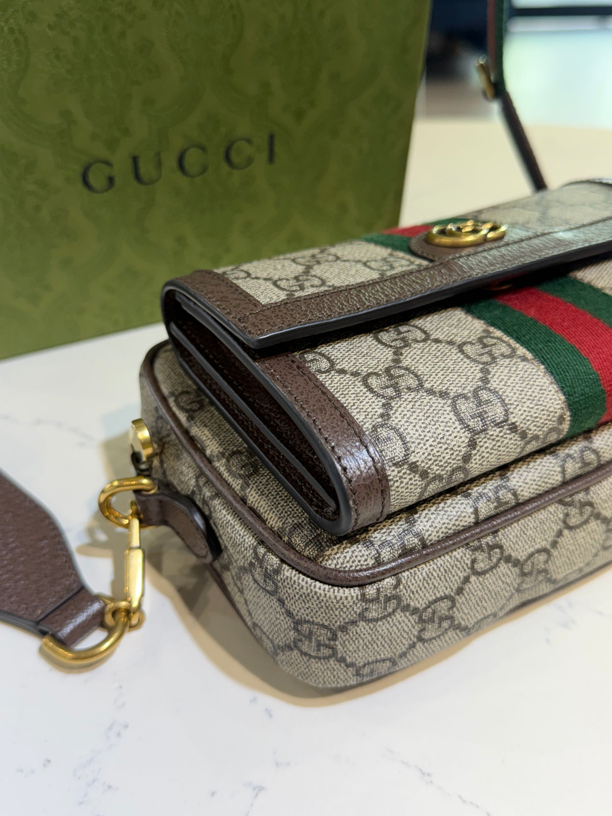Like New GG Supreme Monogram Mini Ophidia Beige Ebony Bag
