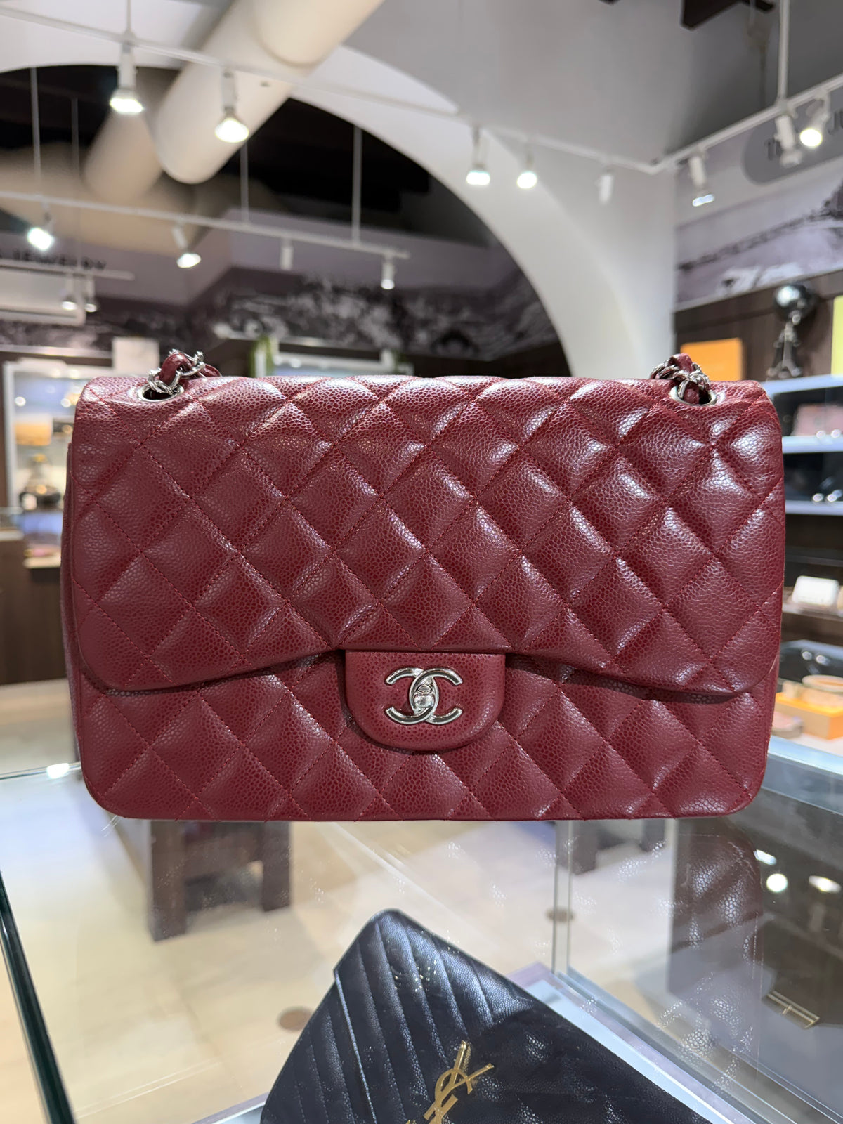 Pre-Owned CC Classic Double Flap Burgundy Caviar Jumbo Silver Hardware